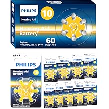 PHILIPS Size 10 Hearing Aid Batteries 60 Count, 1.45V Zinc Air Batteries with 5-Year Storage Life, Yellow Color-Coded Tabs for Compatible Hearing Aids