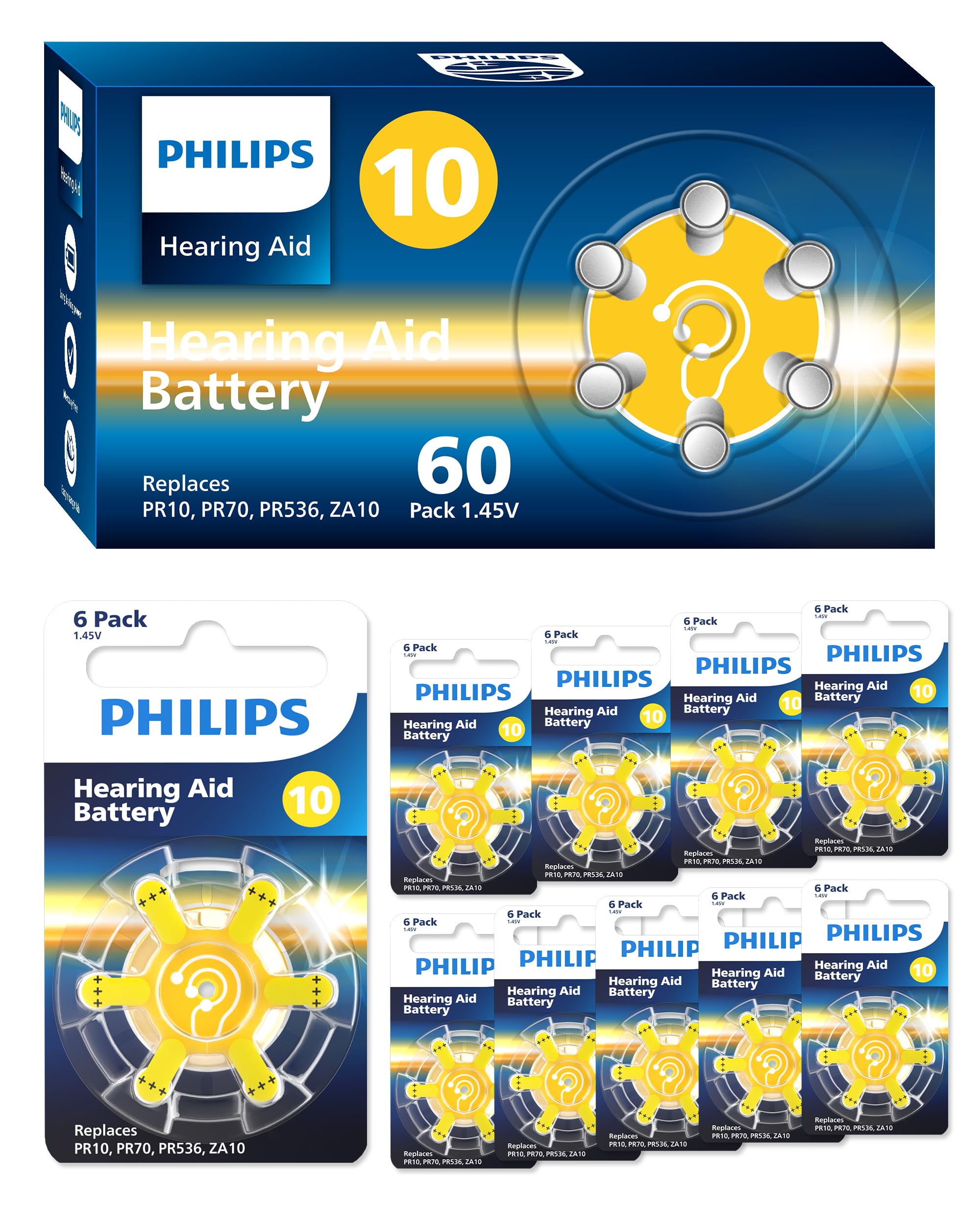 PHILIPS Paquete de 60 pilas para audífonos tamaño 10, zinc aire de 1,45 V, potencia de larga duración sin mercurio con pestaña fácil y embalaje resistente a los niños, naranja, para audífonos y
