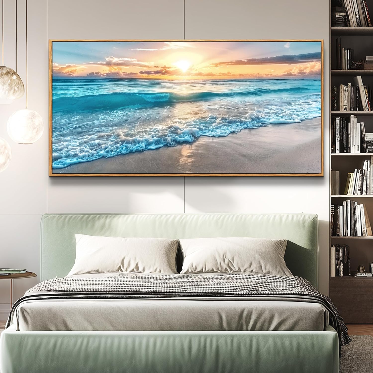 MHARTK66 Large Canvas Wall Art For Living Room Wood Framed Wall Decor For Bedroom Blue Beach Seascape Wall Paintings Modern Office Decorations Home Decor Poster Artwork Ready to Hang Wall Pictures