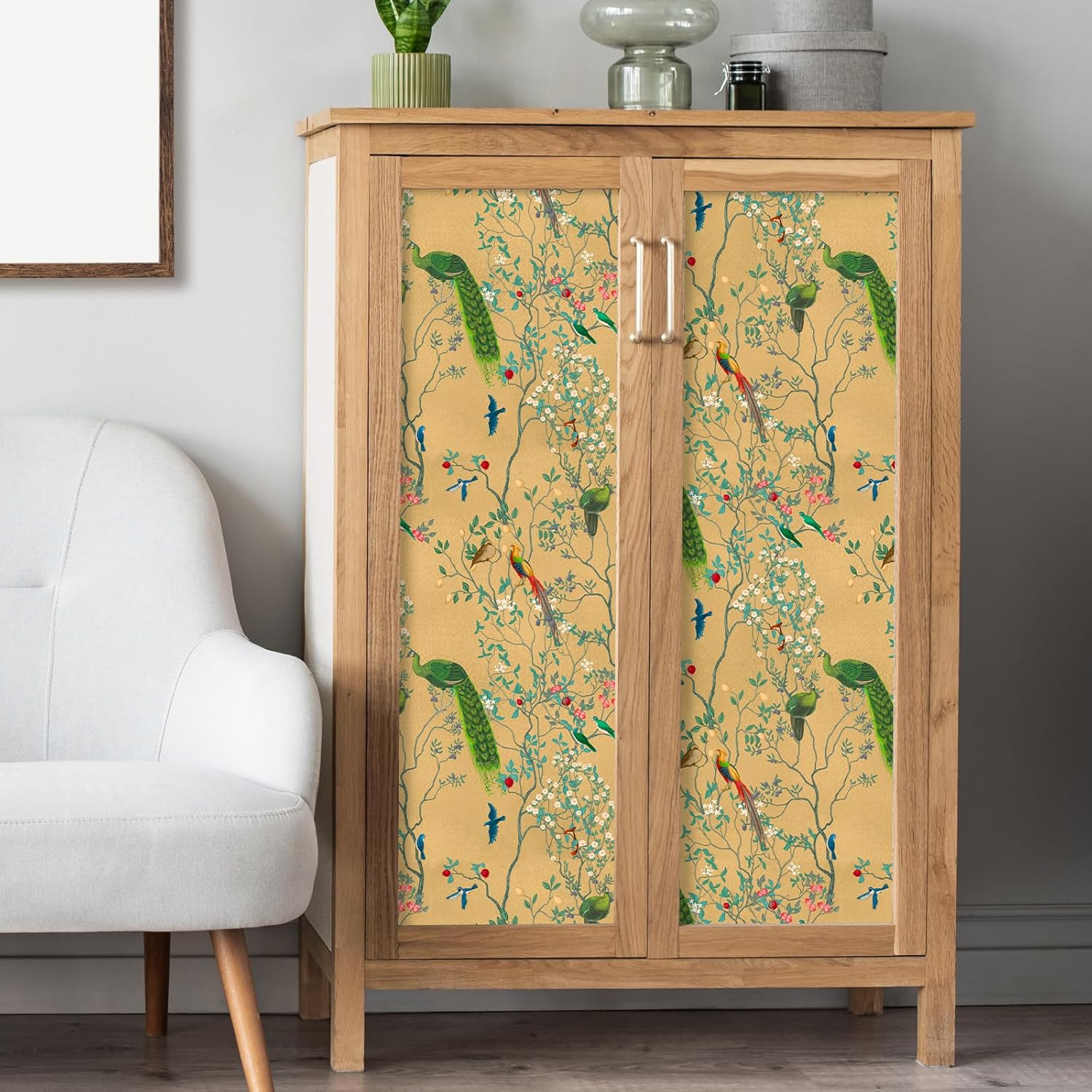 VEELIKE Yellow Chinoiserie Wallpaper Peel and Stick Vintage Birds Floral Wallpaper for Bedroom Bathroom Living Room 17.7''x354'' Removable Pre-Pasted Floral Mural Contact Paper for Walls Cabinets
