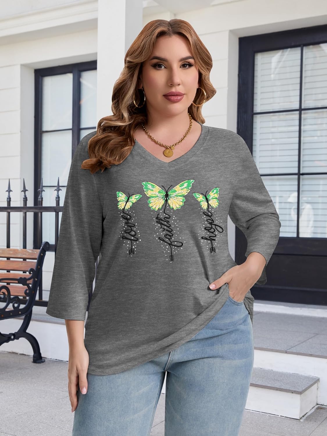 Chulianyouhuo Women Plus Size Shirts 3/4 Sleeve V Neck Graphic Tee Tops Summer Casual Loose Fit Tshirts Trendy Tunic Clothing - Image 2