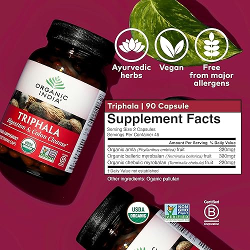 Miniatura 6 de Organic India Triphala - Suplemento de hierbas  Apoyo para la digestión y el colon apoyo del sistema inmunológico adaptógeno denso en nutrientes