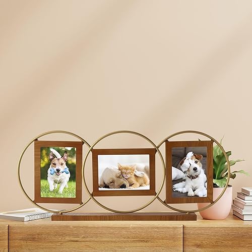 Miniatura 7 de Melannco Collage de fotos de madera y metal de tres aperturas, hecho de metal y madera, acabado dorado y natural, muestra una foto de 7 x 5 pulgadas