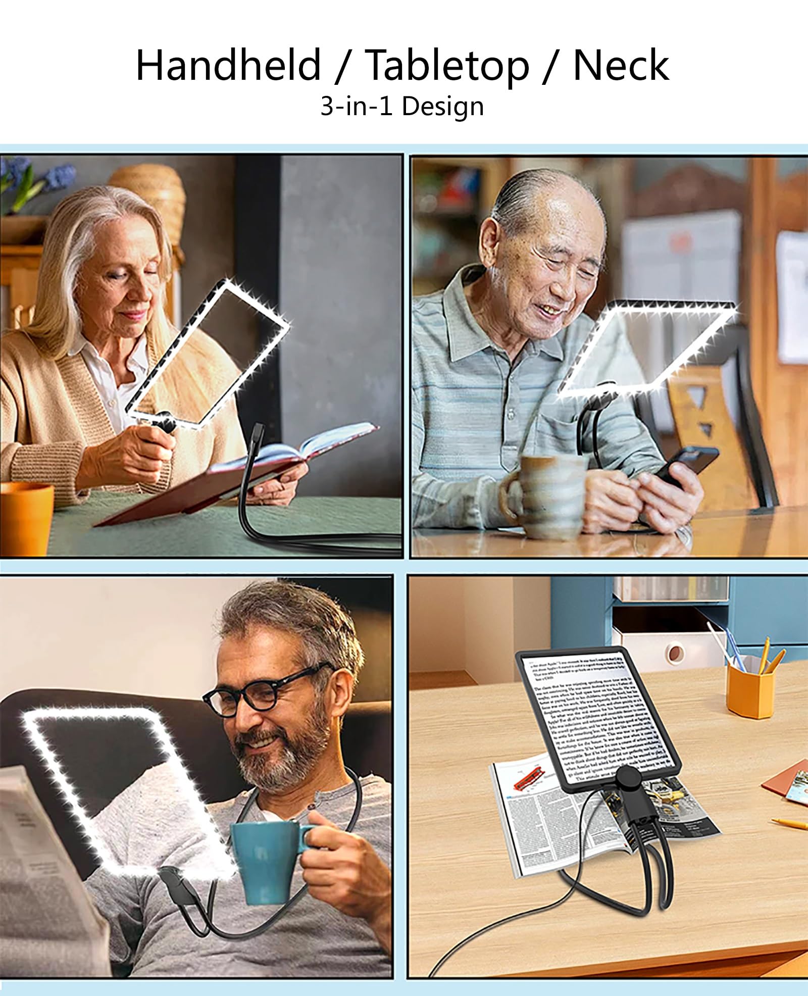 Lente di Lettura da Appendere al Collo con 50 Perle LED, Supporto Regolabile, Ausili per Ipovedenti, Lente d'Ingrandimento Digitale per La Lettura, Ingrandimento 5X