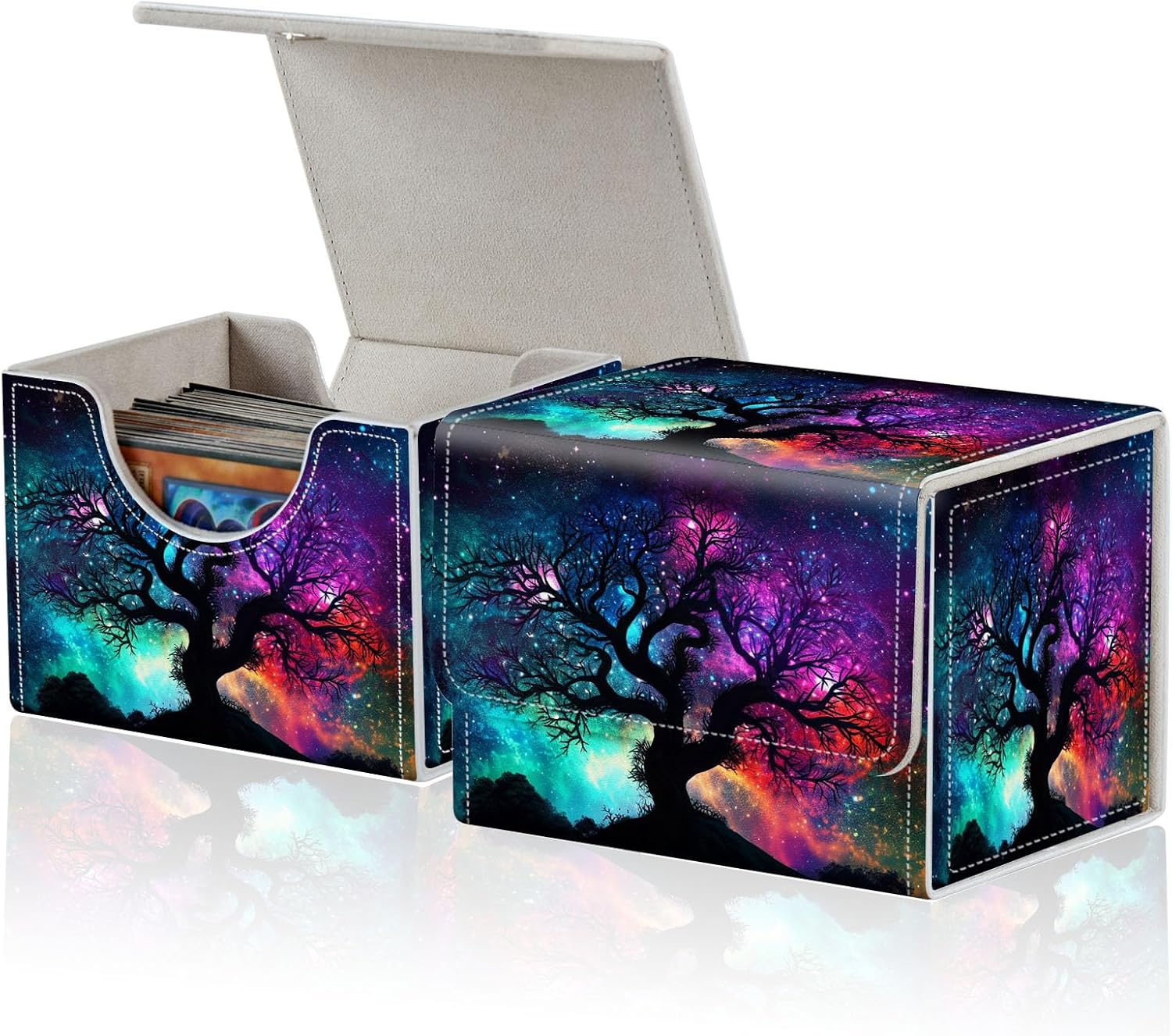 for MTG Commander Deck Box,Card Deck Box for Trading Yugioh MTG,Fits 100 Double Sleeved Cards,PU Leather Strong Magnet Case for Magic Commander TCG CCG, Galaxy Tree