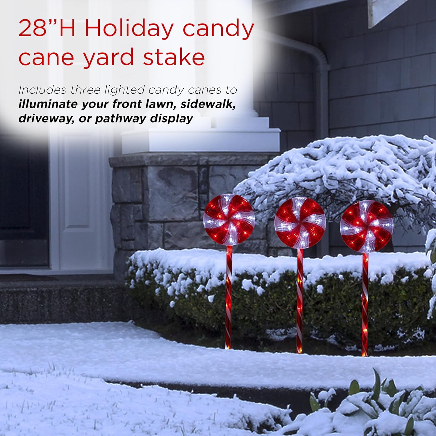 Alpine Corporation 28" Tall Outdoor Christmas Candy Cane Pathway Stake Lights with Multi-FunctionLED, Set of 3, Festive Lawn and Garden Holiday Decor, Red and White