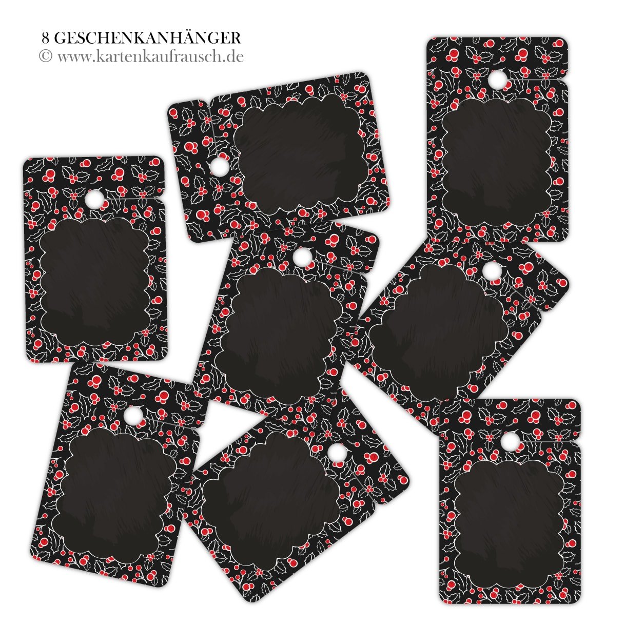 10 x 8 schöne Weihnachts Geschenkanhänger farbig, Papieranhänger für Weihnachten im Tafel Look mit roten Beeren zum Beschriften, für Geschenkverpackung • um Geschenke schöner zu schenken