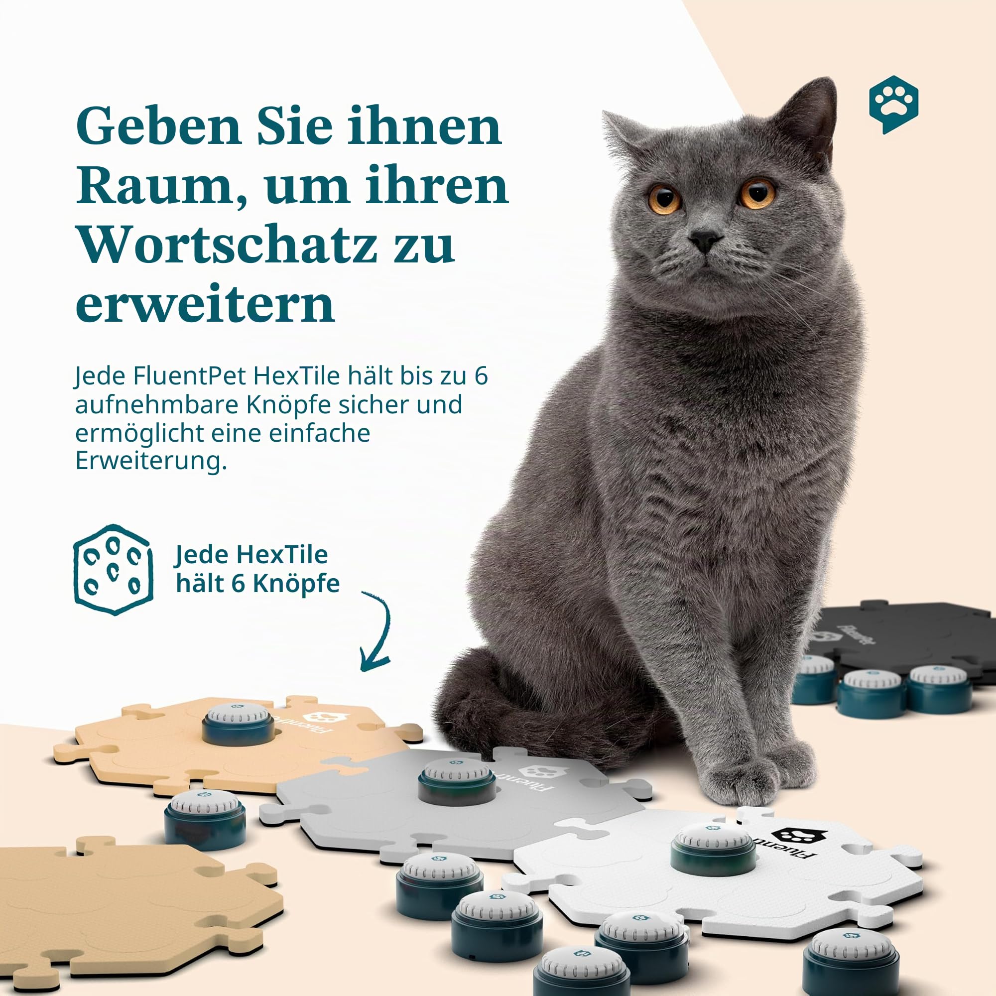 FluentPet Speak Up Key Vocab Kit mit klarerem nach Oben gerichtetem Sound - 12 beschreibbare Tasten für Hunde & 6 neutrale HexTiles | Hund & Katze Kommunikationstasten Set | mit Batterien