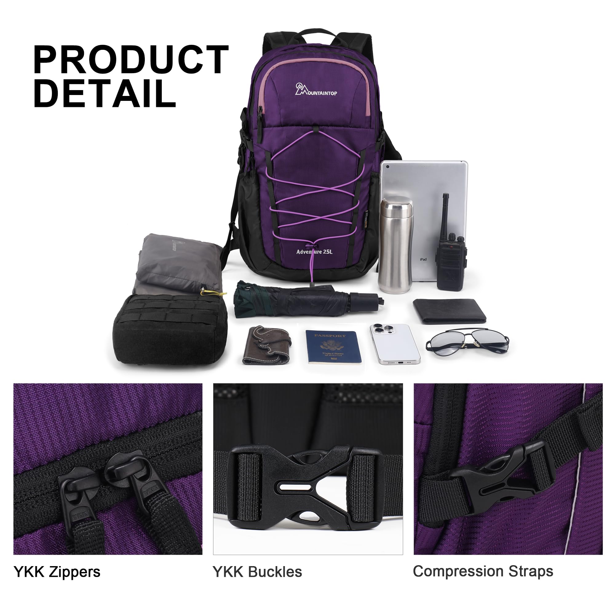 Mountaintop Sac à dos de trekking 25 l/30 l pour homme et femme avec housse de pluie pour la randonnée, 25 l - Violet, 25L, Pour l'extérieur