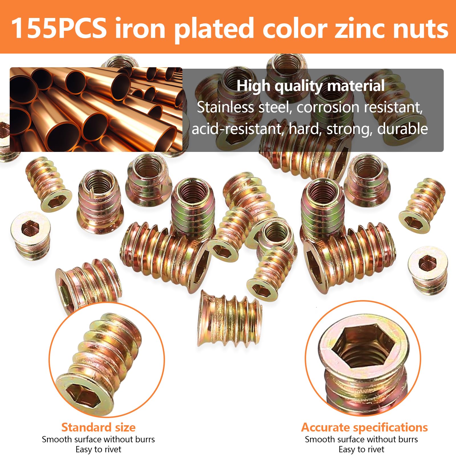 Threaded Inserts for Wood 155 PCS Insert Nuts M4 M5 M6 M8 Hex Drive Head Nut Zinc Alloy Hex Socket Drive for Wood Furniture DIY Project - Image 4