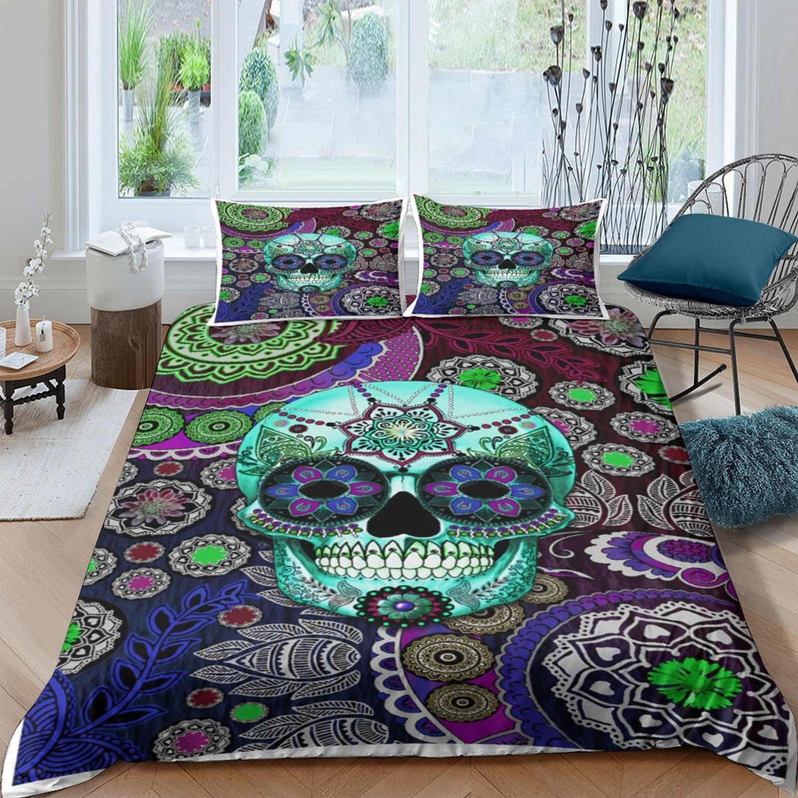 Ctjqhvkz Style-8 3D Printed Skull Art Fitted Sheet Microfiber Soft Breathable Mandala Bed Cover For Bedroom Dorm Stylish Decor Single（135X200cm）