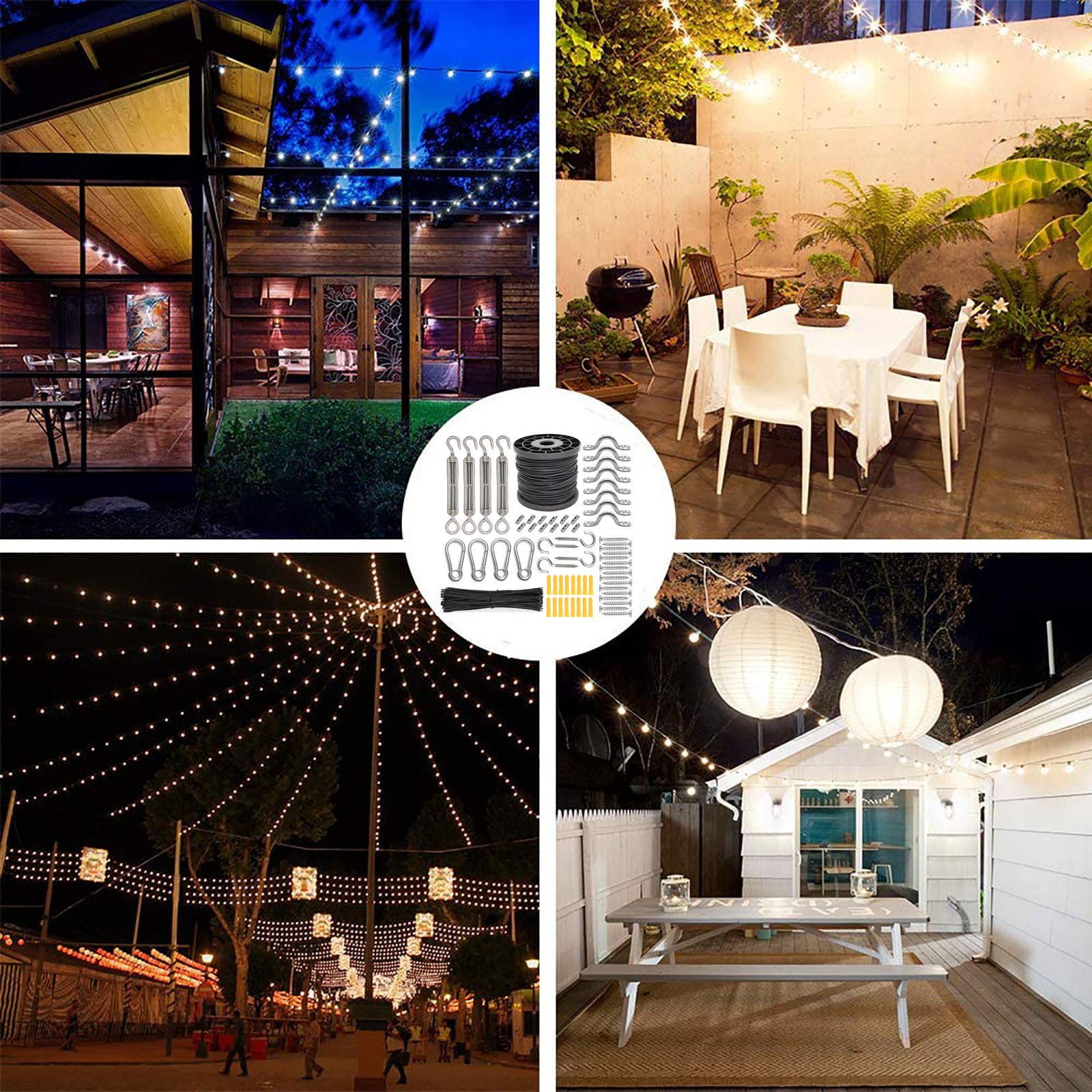 WAYSKA String Light Hangende Kit met 250 Ft Nylon Gecoat Roestvrij Staal 304 Draad Touw, String Light Kabel met Spangespen en Haken voor Patio, Outdoor en Achtertuin Verlichting Accessoires