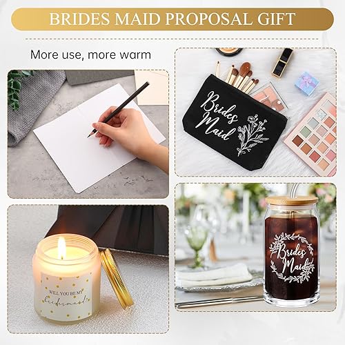 Miniatura 4 de Inbagi Caja de regalo para dama de honor, juego de 5 unidades, incluye taza de vidrio con tapa y bolsa de maquillaje con pajita, vela perfumada de