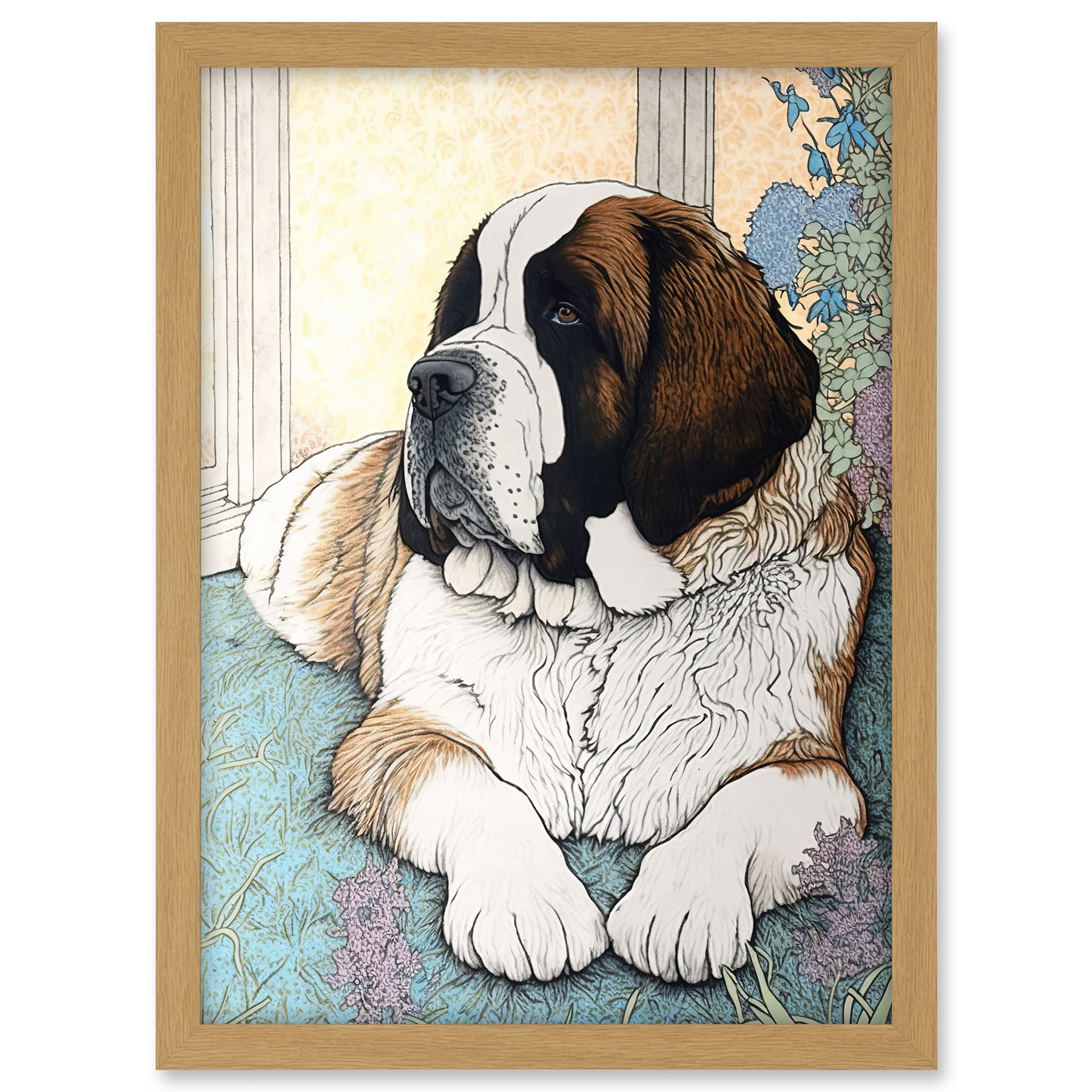 Artery8 St Bernard Dog Lying by Flower Pot Modern Bright Multicoloured Illustration Artwork Framed A3 Wall Art Print