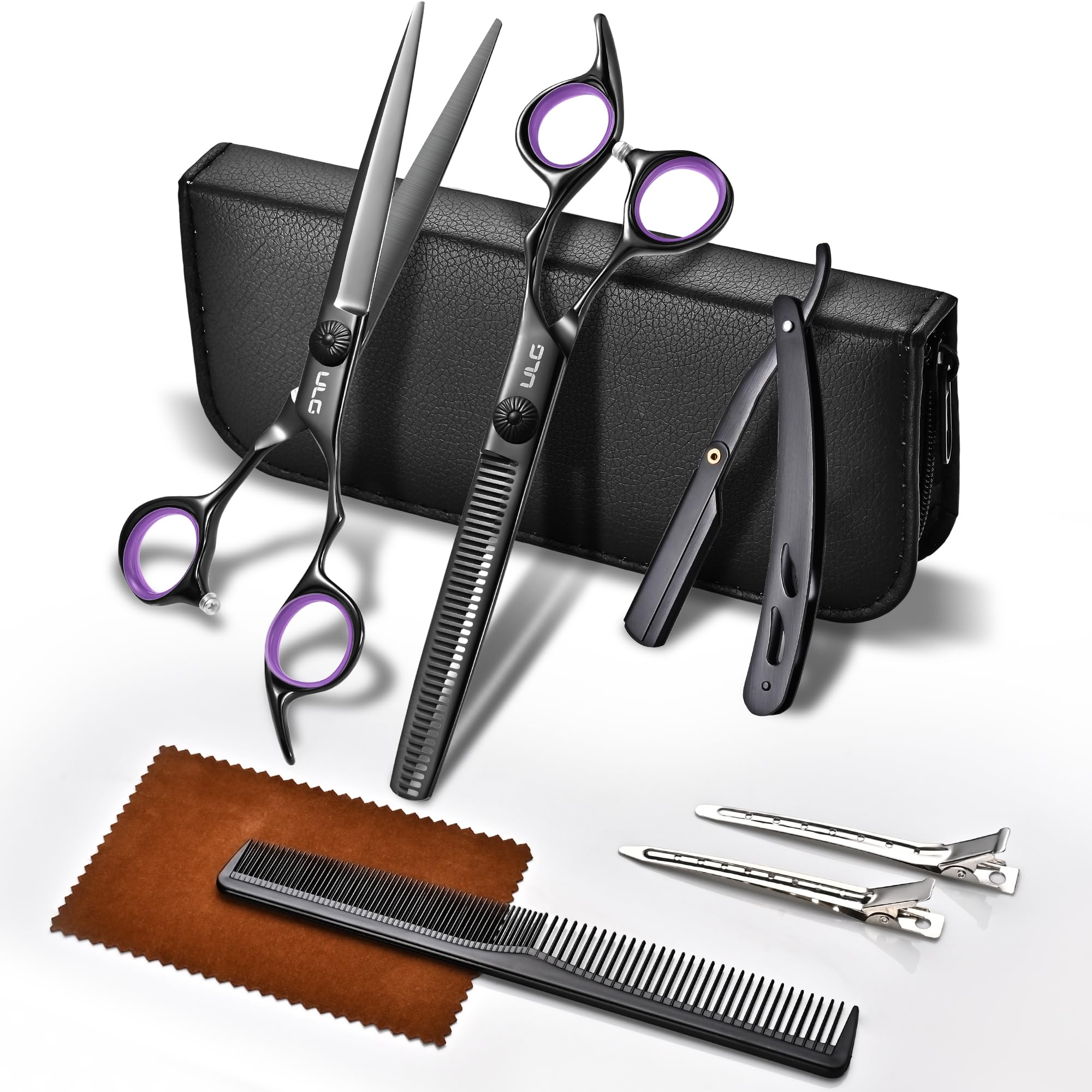 ULG Hair Cutting Scissors Thinning Shears Kit Professional Barber Hairdressing Texturizing Salon Razor Edge Scissor Stainless Steel 8Pcs - BlackMAX