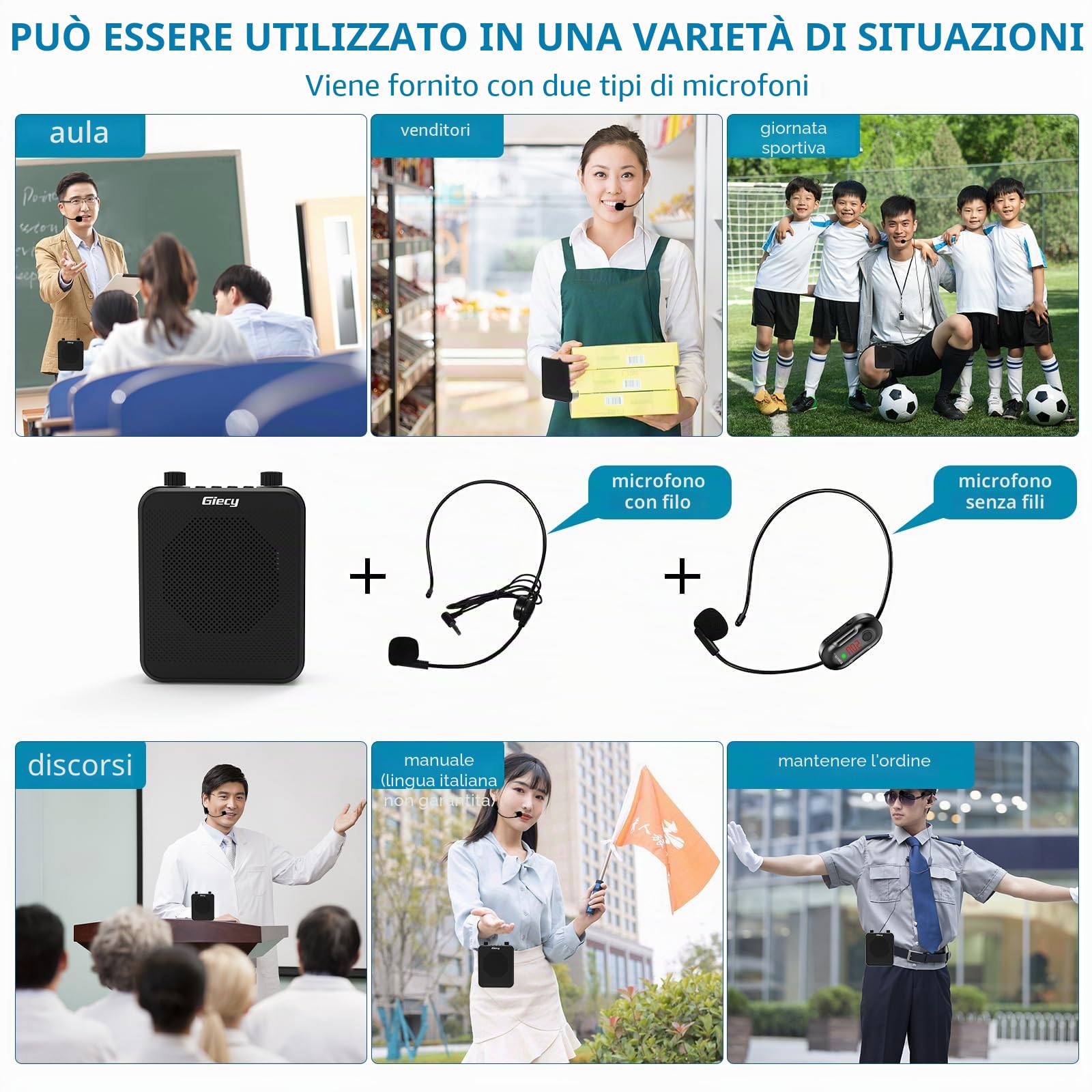 Amplificatore vocale portatile Microfono UHF senza fili con batteria da 2800 mAh, lettore MP3/TF/USB, radio FM e registratore per insegnanti, gite, eventi