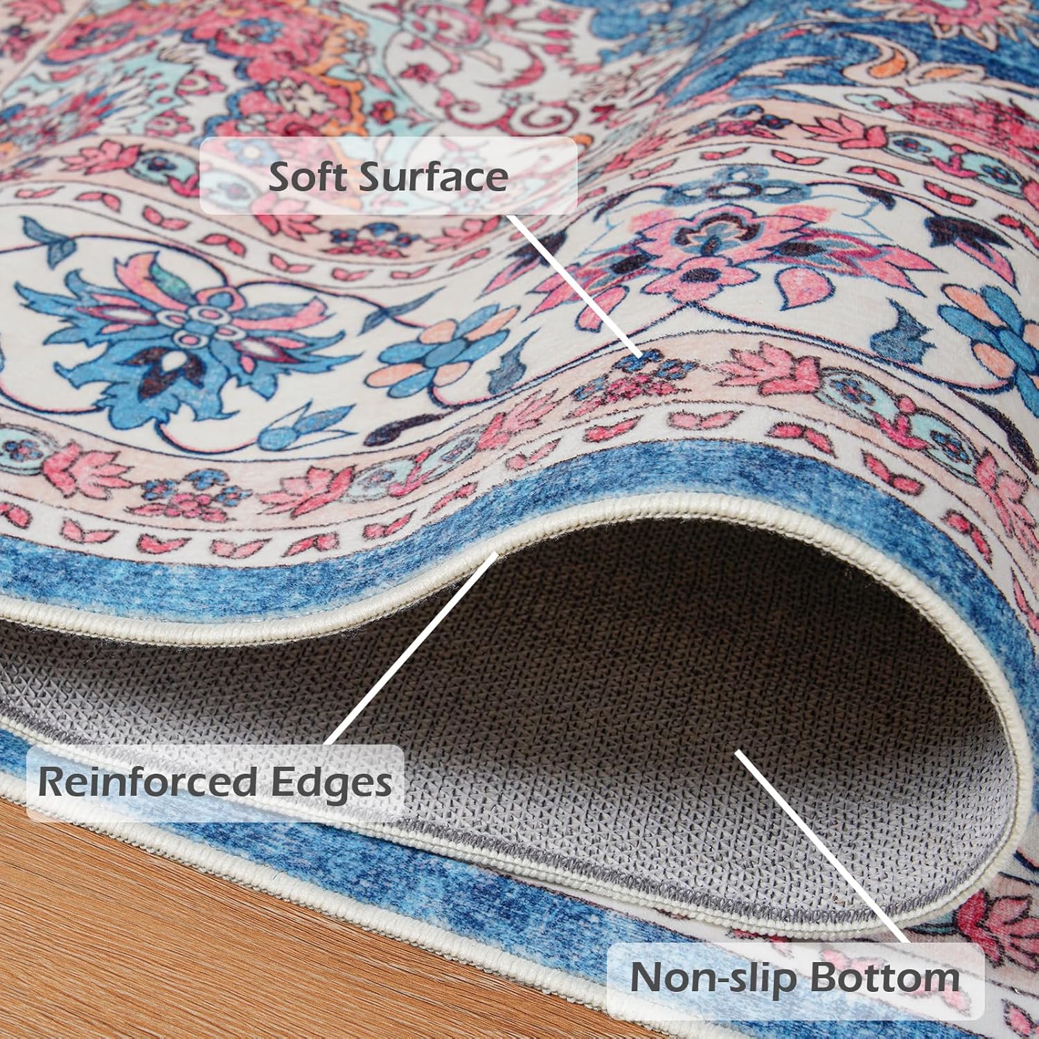 Goideal Washable Rug 4x6, Vintage Area Rugs Non Slip, Indoor Low Pile Carpet with Rubber Backing for Living Room Kitchen Bathroom Entryway Office Bedroom, Blue & Hot Pink
