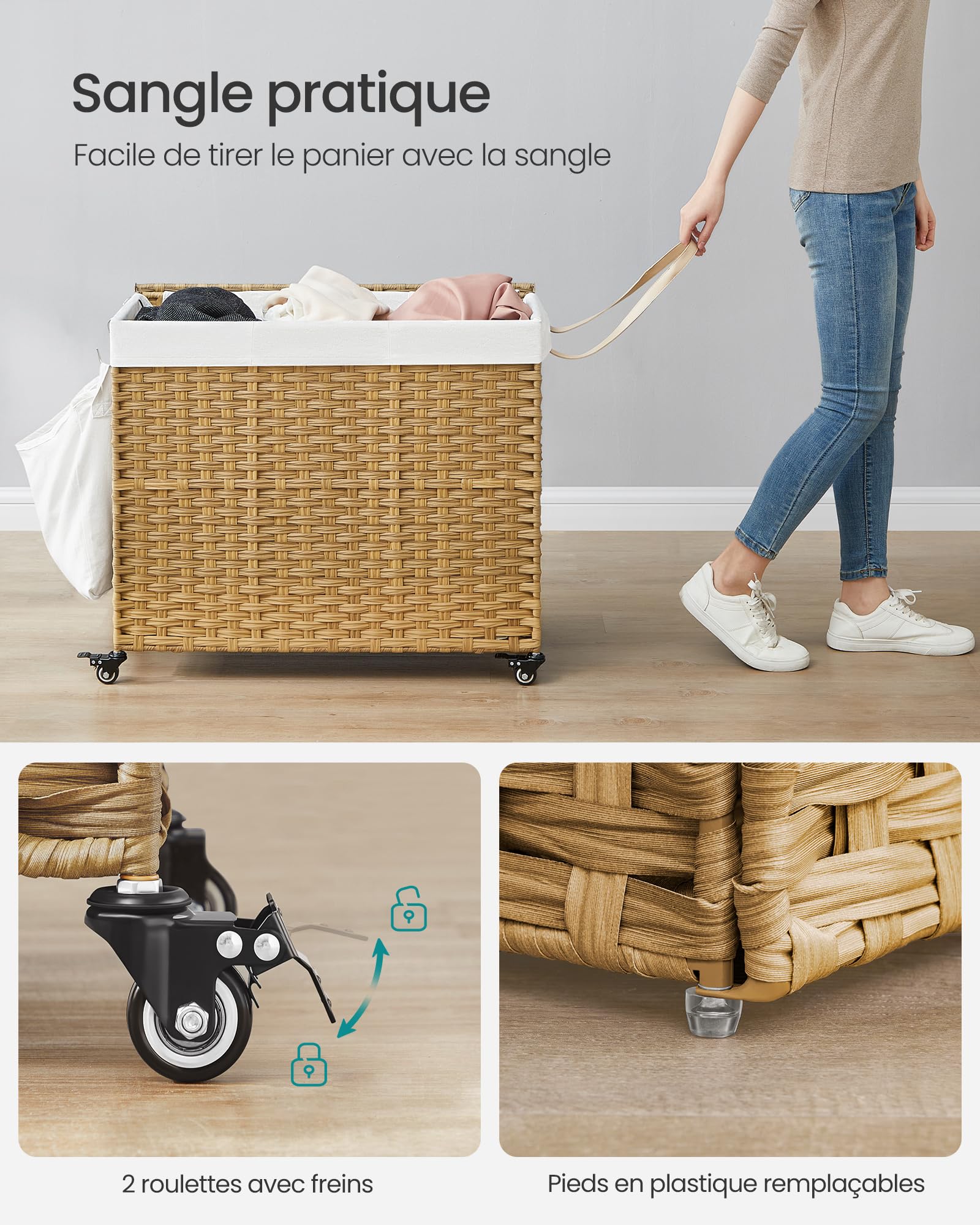 SONGMICS Panier à Linge avec Couvercle, 160L, Corbeille Linge Sale Tressé, avec roulettes, 3 Compartiments, Sac Intérieur Amovible, pour Buanderie, Chambre, 70 x 36 x 66 cm, Couleur Boisée LCB365N01