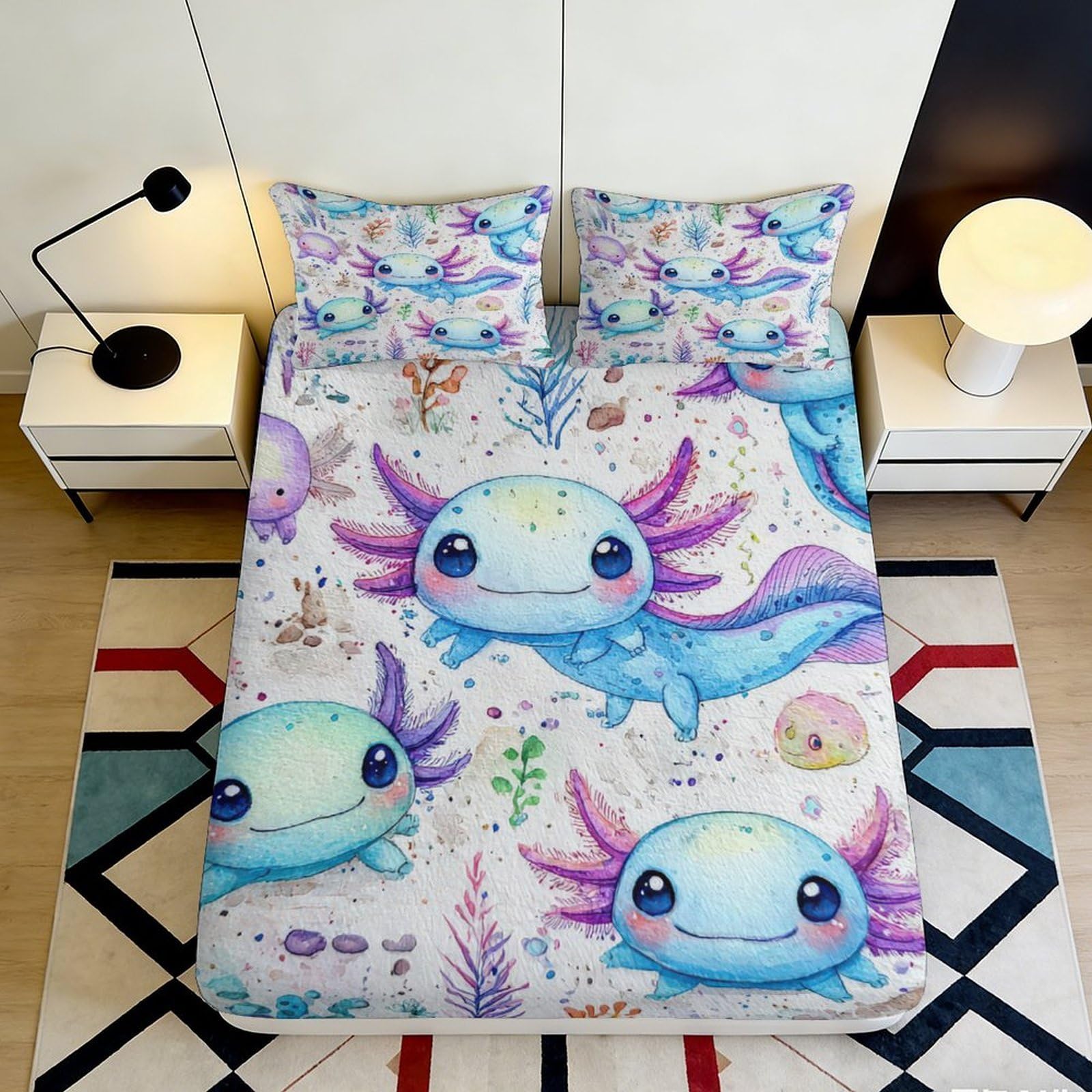 Pnayamiorkfel Style-5 3D Printed Cute Axolotl Fitted Sheet Microfiber Soft Breathable Underwater Cartoon Mattress Cover For Bedroom Decor 90X200x25cm