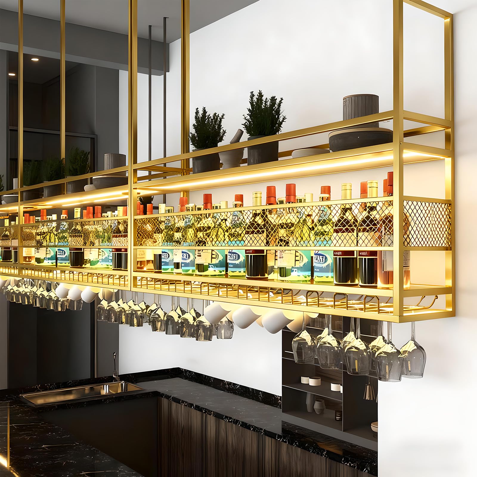 Plafond Bouteilles Suspendu,Porte-Verres à vin Suspendu en métal， Porte-Verres à vin Suspendu à 2 Niveaux, pour Bar, Restaurant, café et Cuisine (Or, 100cm) | Comprend un support pour verres, pour la cuisine et les bars, affichage et rangement