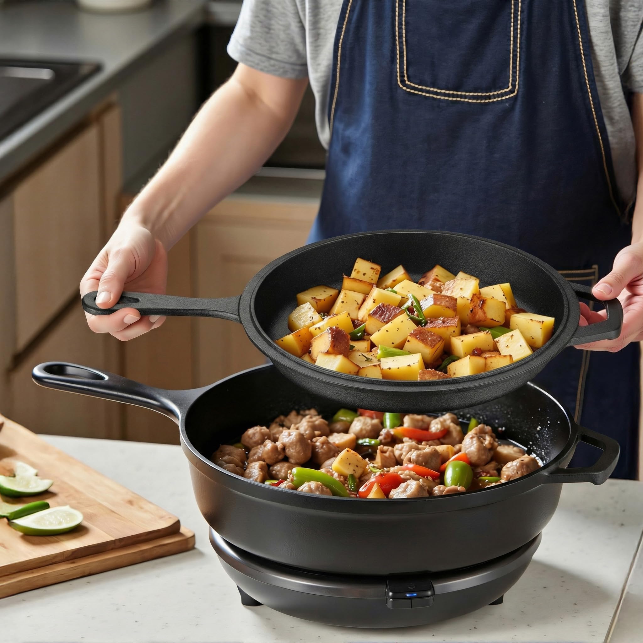 Wiltec 2w1 Garnek żeliwny typu dutch oven 3,2 l z pokrywą grillową i uchwytem bocznym, głęboka brytfanna żeliwna i garnek do pieczenia chleba