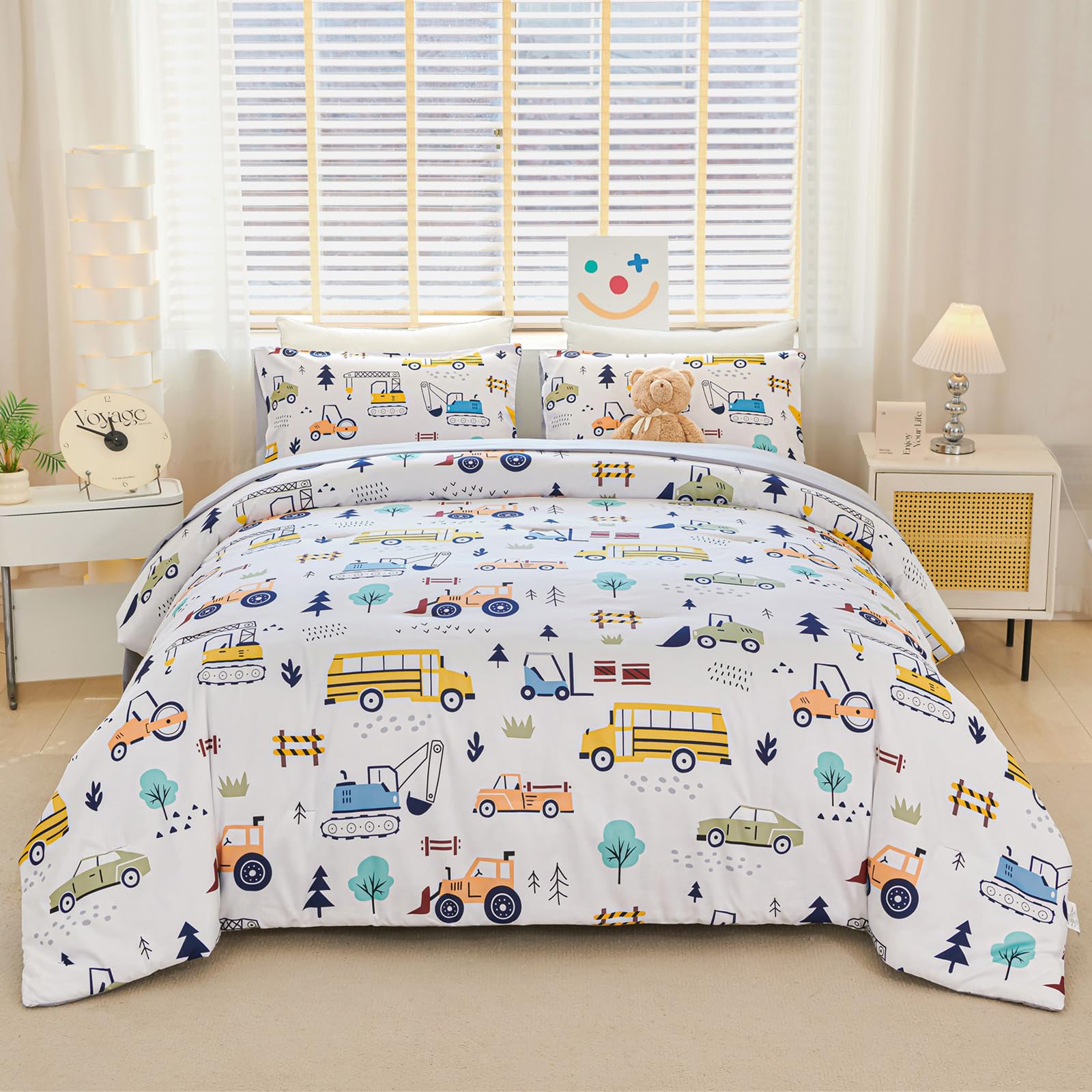 - YOU SA Full Size Kids Bedding Set for Kids Teens 5Pcs White Vehicles Car Comforter Bed Sets with Sheets Fluffy Equipment Trucks Bed in a Bag for Boys