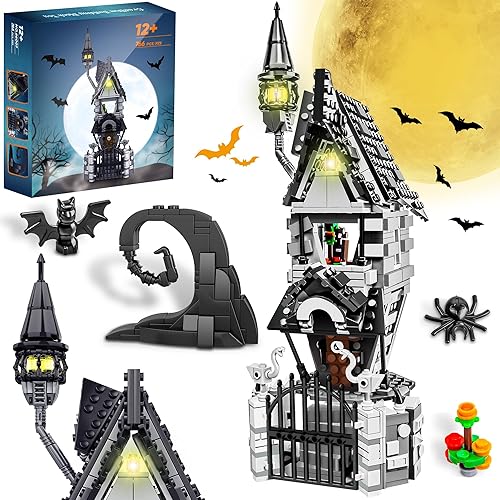 Kit de construcción de casa de mansión embrujada de Halloween, juego de bloques de construcción con iluminación brillante, para fanáticos y niños