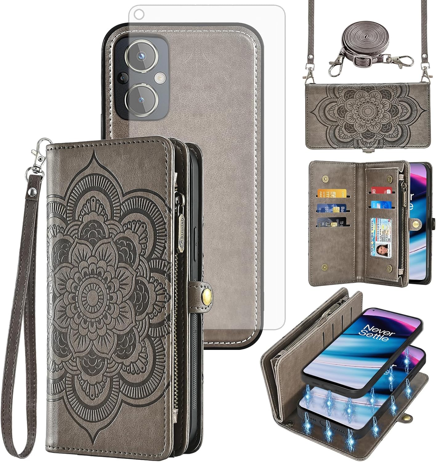 Asuwish Phone Case for OnePlus Nord N20 5G Zipper Wallet Cell Cover with Tempered Glass Screen Protector Strap Flower Card Holder Slot One Plus N 20 G5 1 Plus 20N 1plus One+ 1+ N205G Women Girls Gray