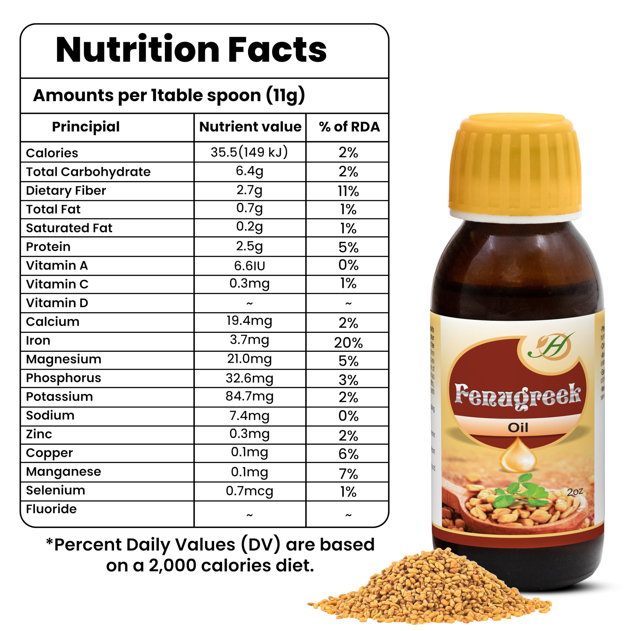 HERBOGANIC Fenugreek Oil - 100% Pure and Natural Oil for Hair and Skin, Cold Pressed and Solvent-Free (2 oz)