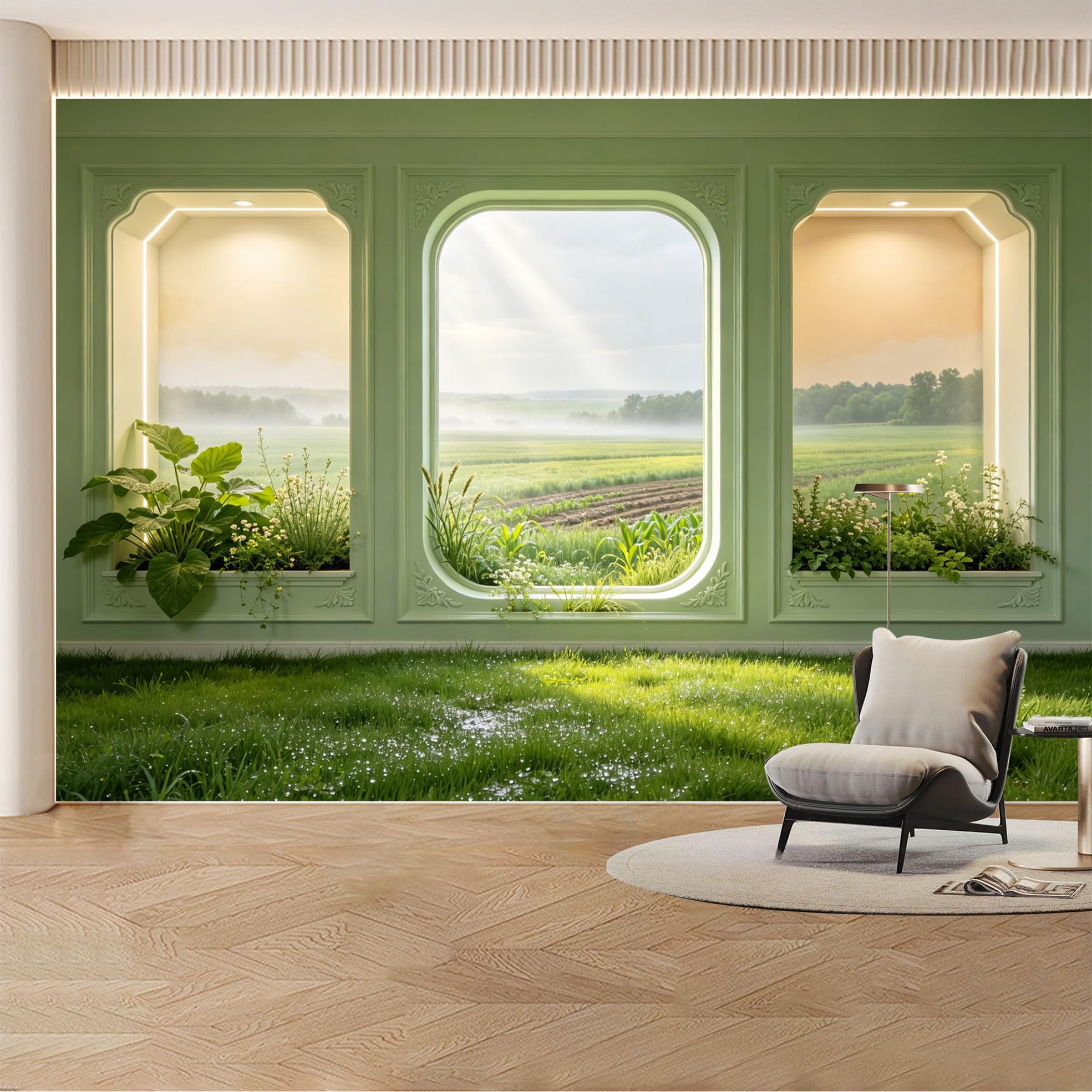 Custom Wall Mural Wallpaper Misty Farmhouse Meadow Landscape 3D Effect Wall Decor Large Wall Art Minimalist Nordic for Living Room， Bedroom， Office