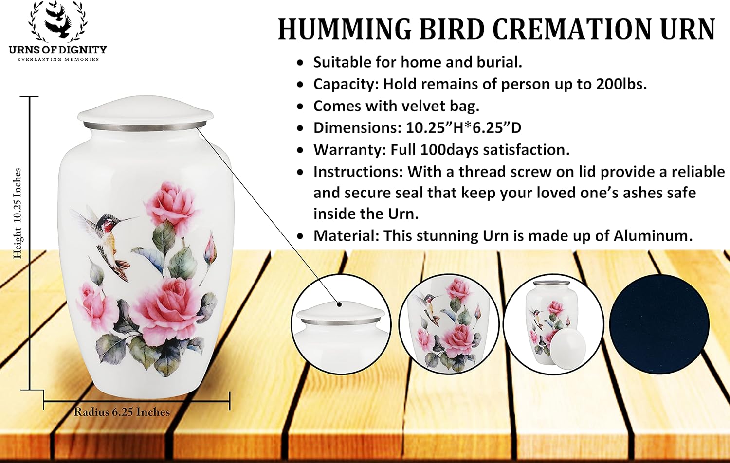 Pink Rose Humming Bird Adult Cremation Urns for Human Ashes - Decorative Urn, Ashes Urn & Male,Urns for Ashes Men & Women,Funeral Urn (Pink Rose, Adult)