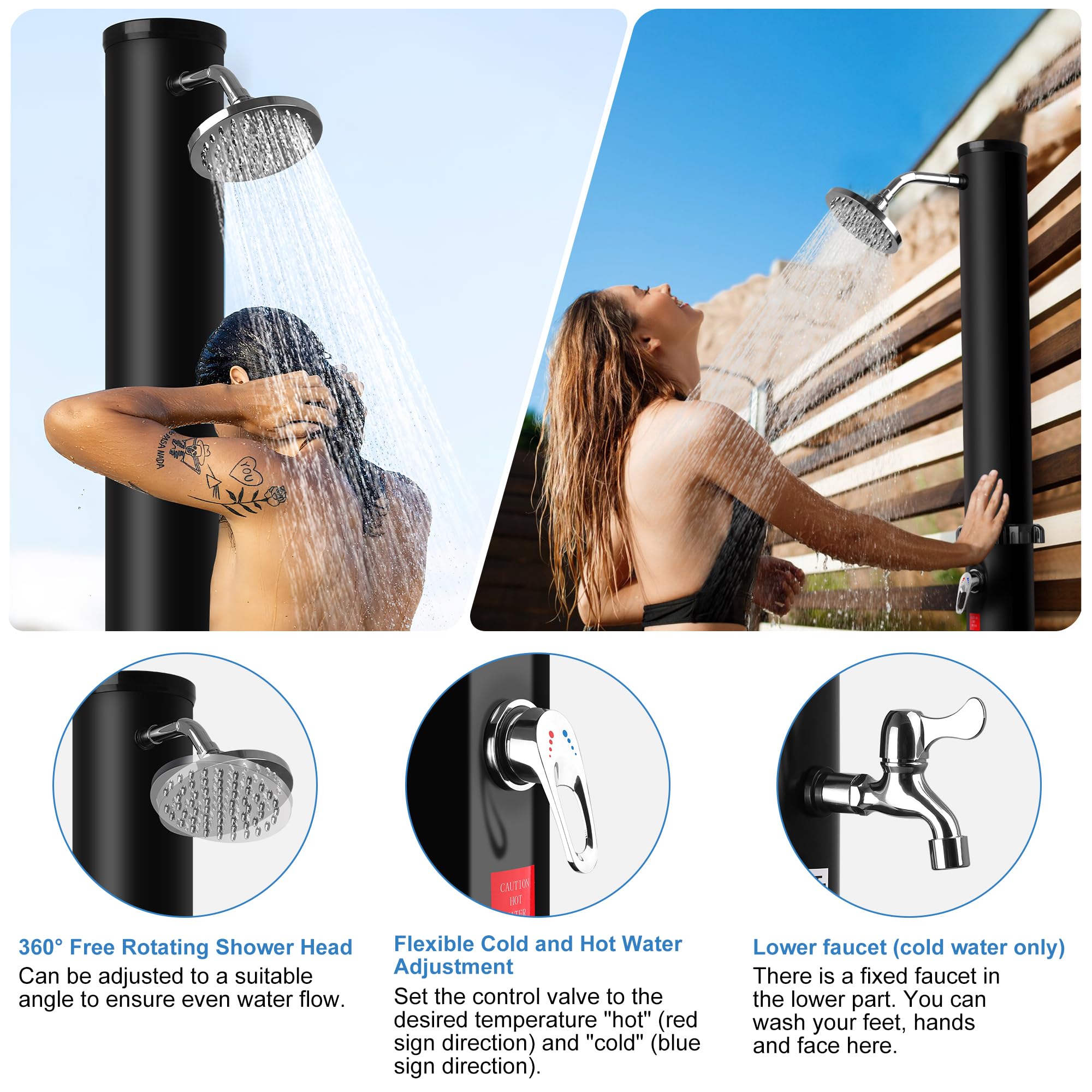 Solardusche 35 Liter | Gartendusche Solar Pooldusche mit bodenplatte | 360° Verstellbarer Duschkopf | Heiß- und Kaltwassereinstellung | Druckregulierung | Wasserhahn(Kaltes Wasser) (40L)