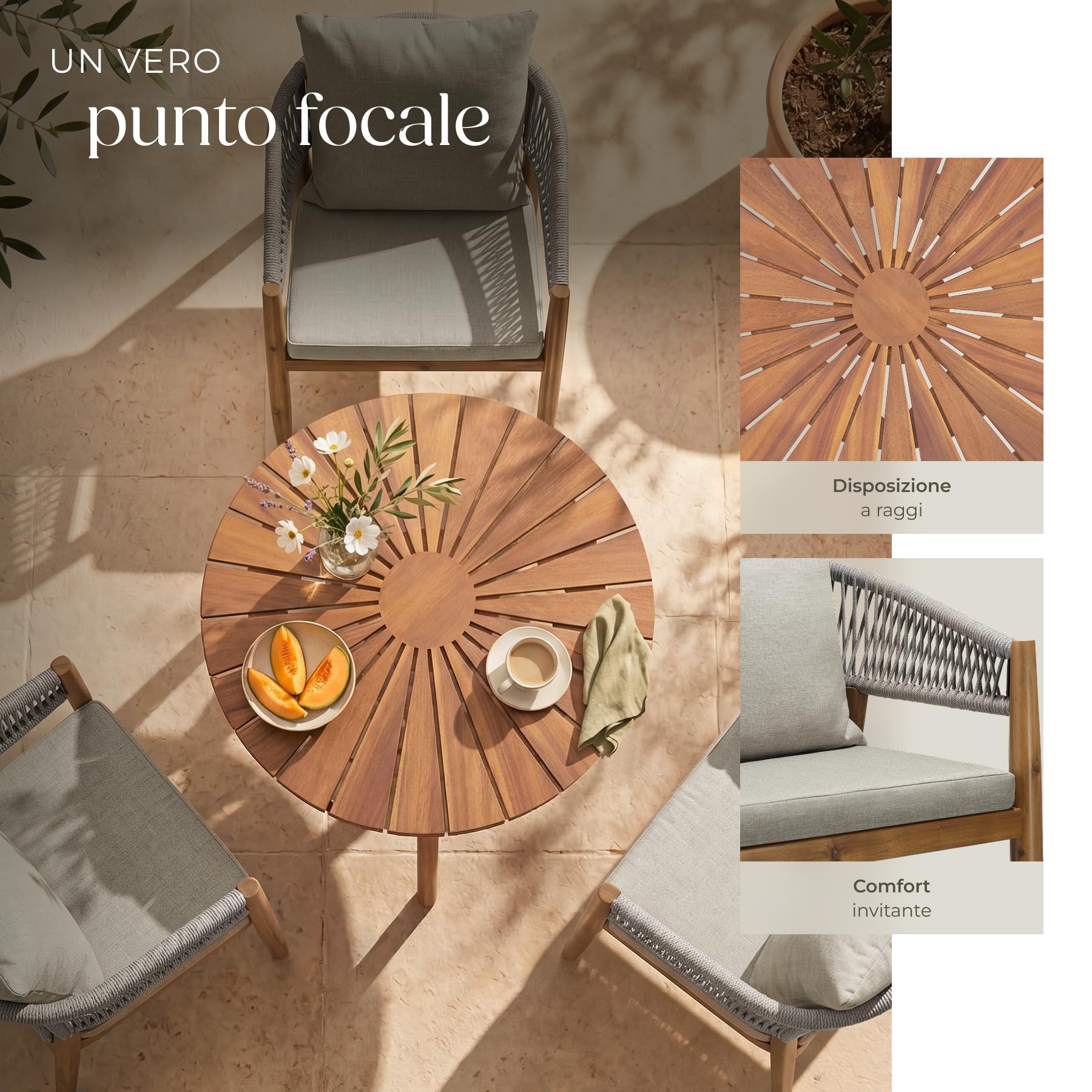 tectake® Set da Giardino da 3 Pezzi, Tavolo Rotondo Ø 70 cm e 2 Sedie Rope