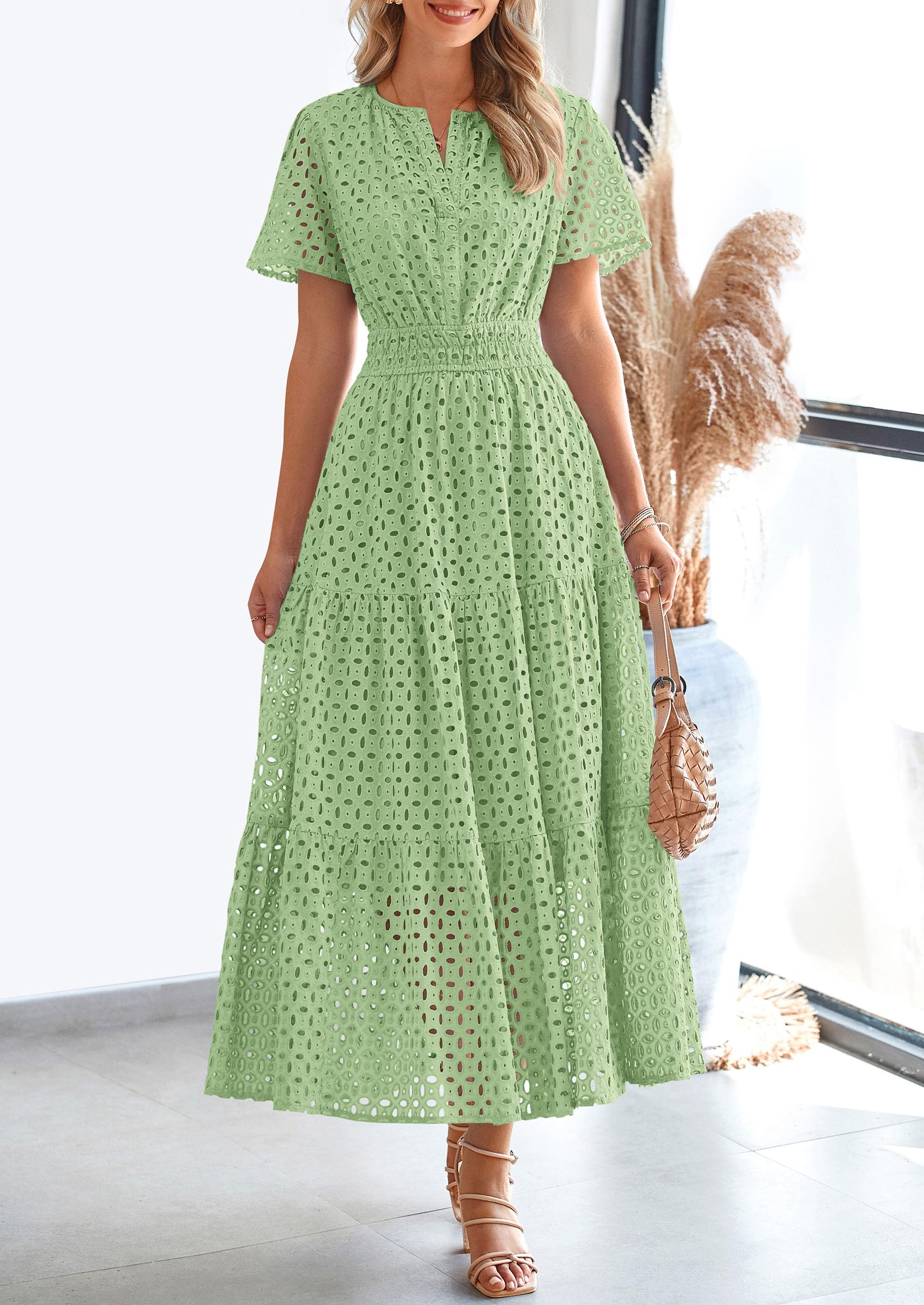 PRETTYGARDEN Womens 2026 Summer Maxi Dress Short Sleeve V Neck Hollow Out Eyelet A Line Long Flowy Beach Vacation Dresses