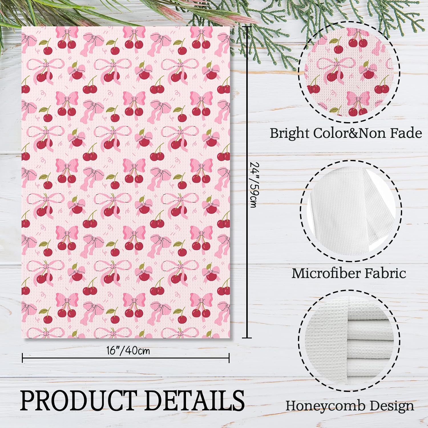 Giosve Pink Bow Cherry Kitchen Towels, Coquette Preppy Bow Decorative Hand Towels for Bathroom, Pink Cherry Dish Tea Towel for Kitchen Decor, Coquette Girly Bathroom Decor, 16x24 Inch Set of 2 - Image 7
