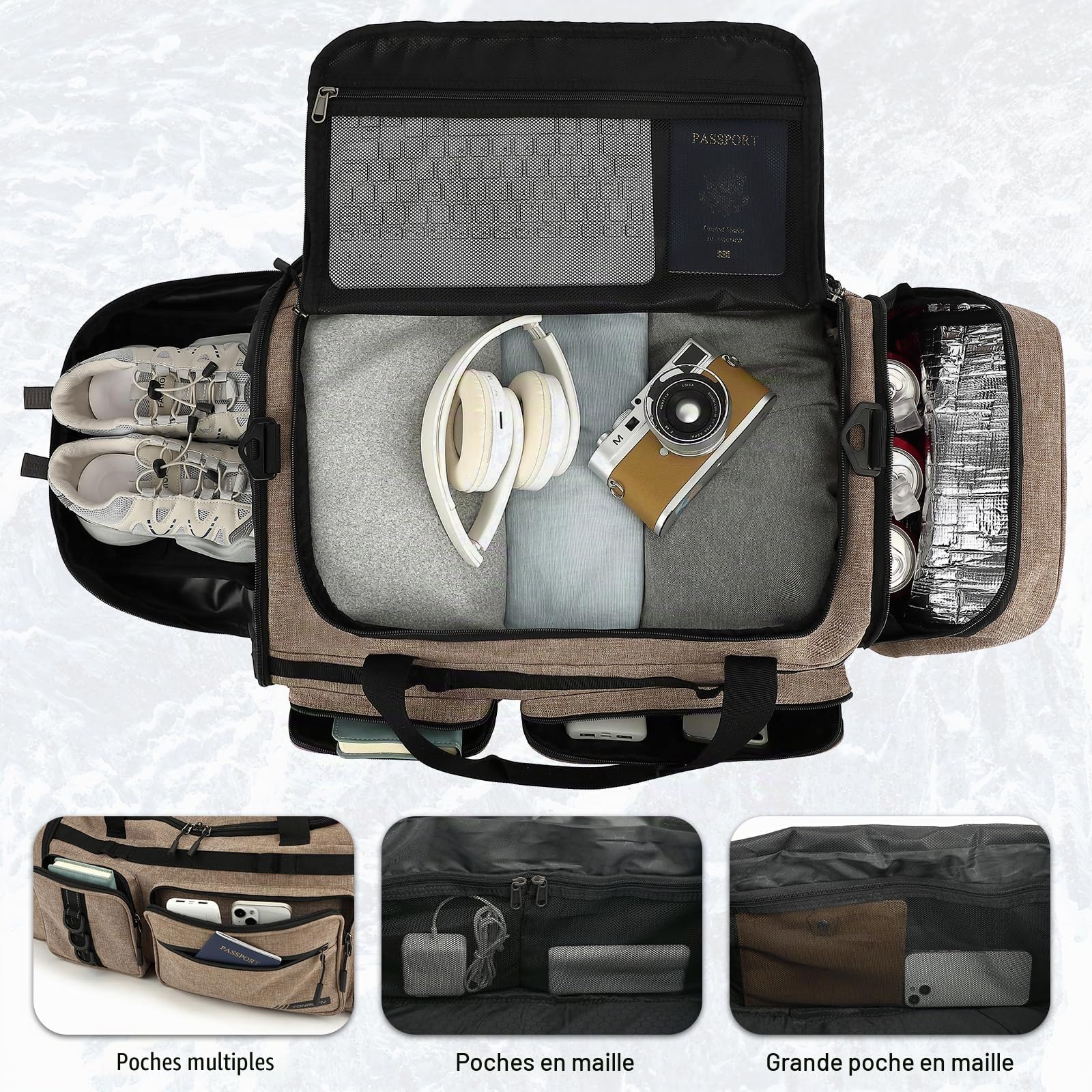 Sac de Sport Homme Femme 50L Sac de Voyage avec Compartiments Chaussures, Compartiment Isotherme et Humide Convertible en Sac à Dos pour Fitness Natation Voyages Weekender Camping (Marron)