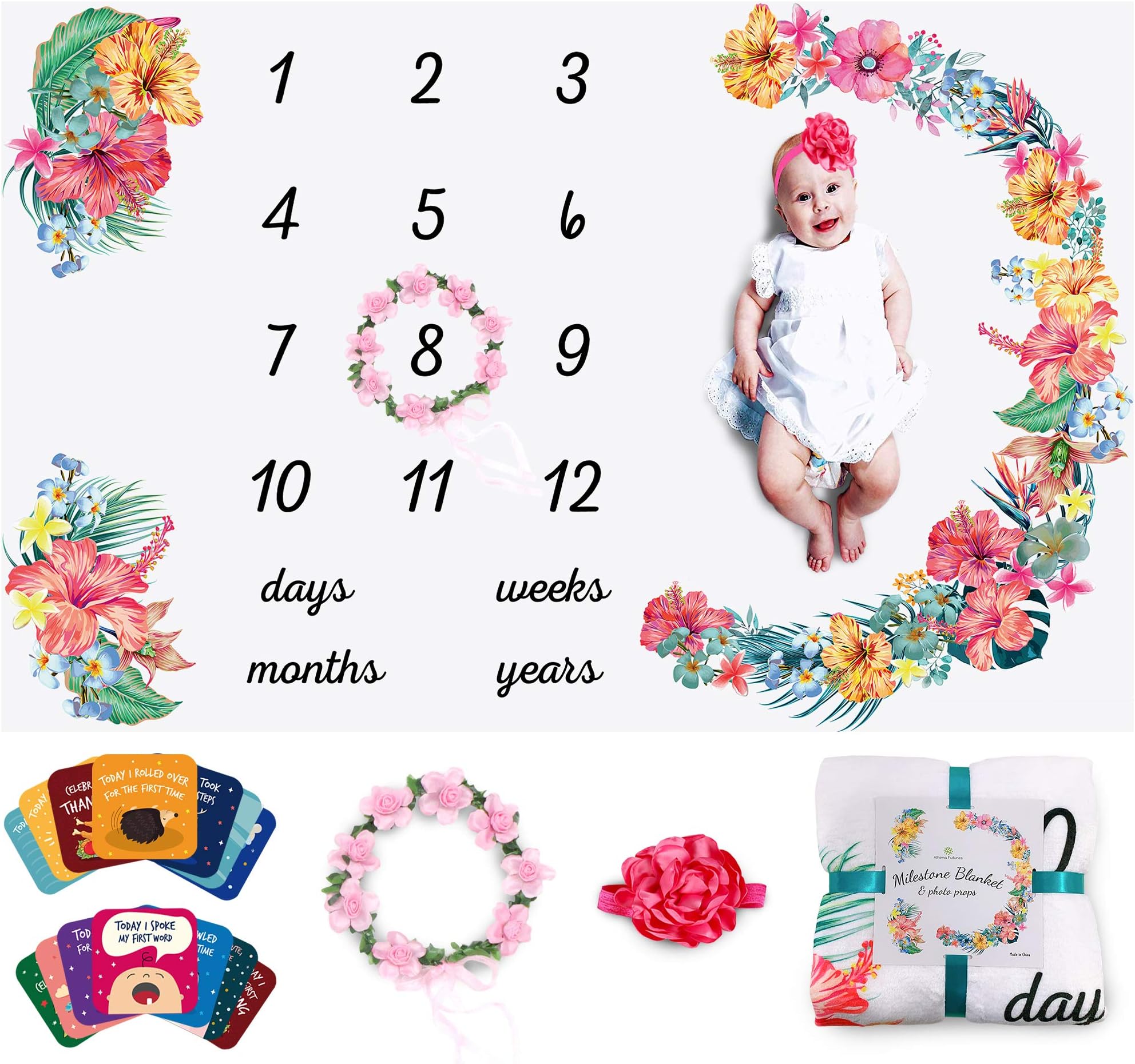 ATHENA FUTURESBaby Monthly Milestone Blanket for Girl, Baby Gifts, Baby Milestone Blanket for Baby Girl, Blankets for Newborn Girls, 60"x40" Soft Floral Blanket with Wreath & Hairband Markers