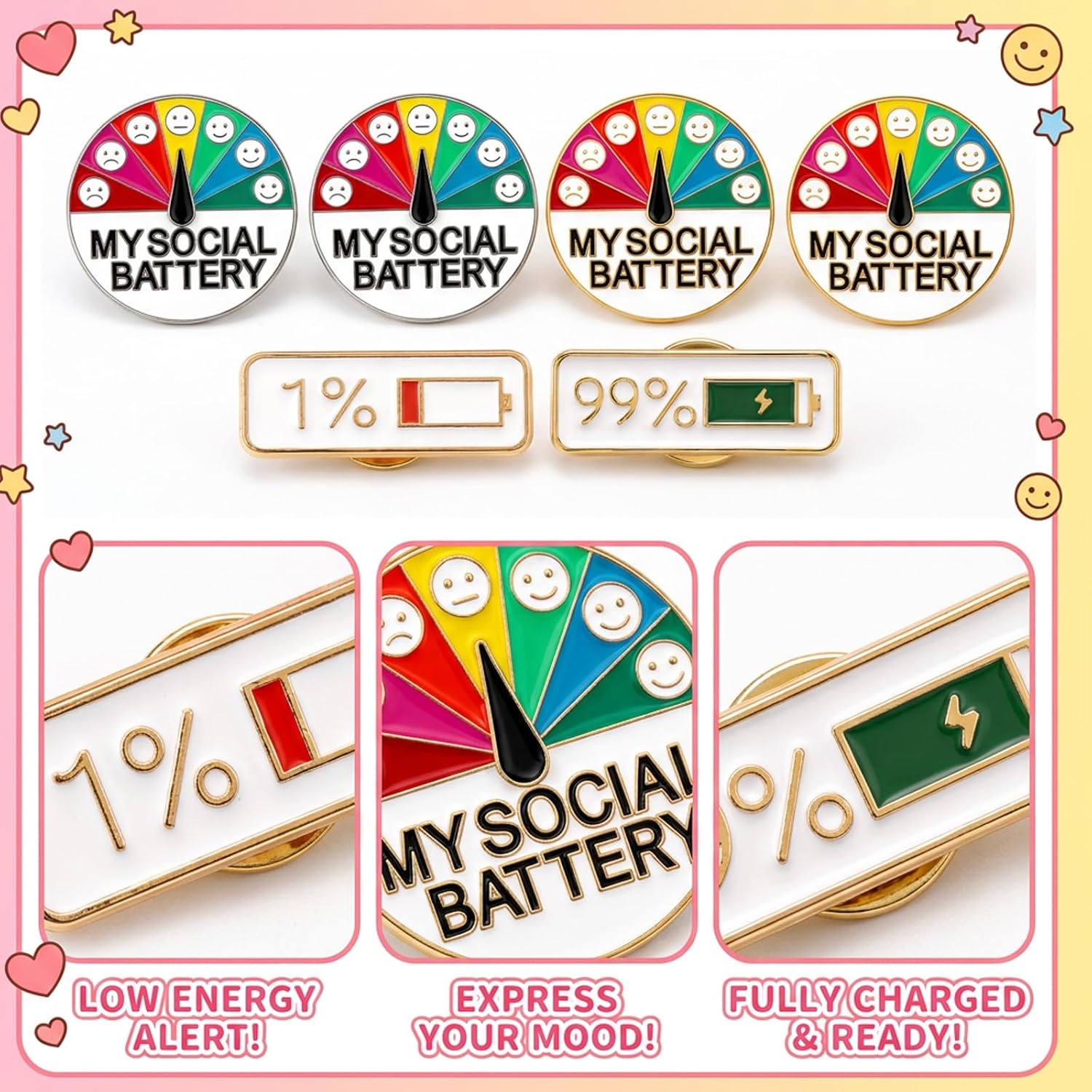 6PCS Social brooch, Gold and Silver Designs, Ideal for Personal Expression and Social Gatherings, Includes 1% and 99% Level Indicators, Social Energy Slider Pin, Mood Pin