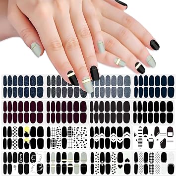 SILPECWEE 16 Sheets Black Nail Wraps Stick on Nail Polish Strips Gel Nail Strips Self Adhesive Nail Polish Stickers Solid & G