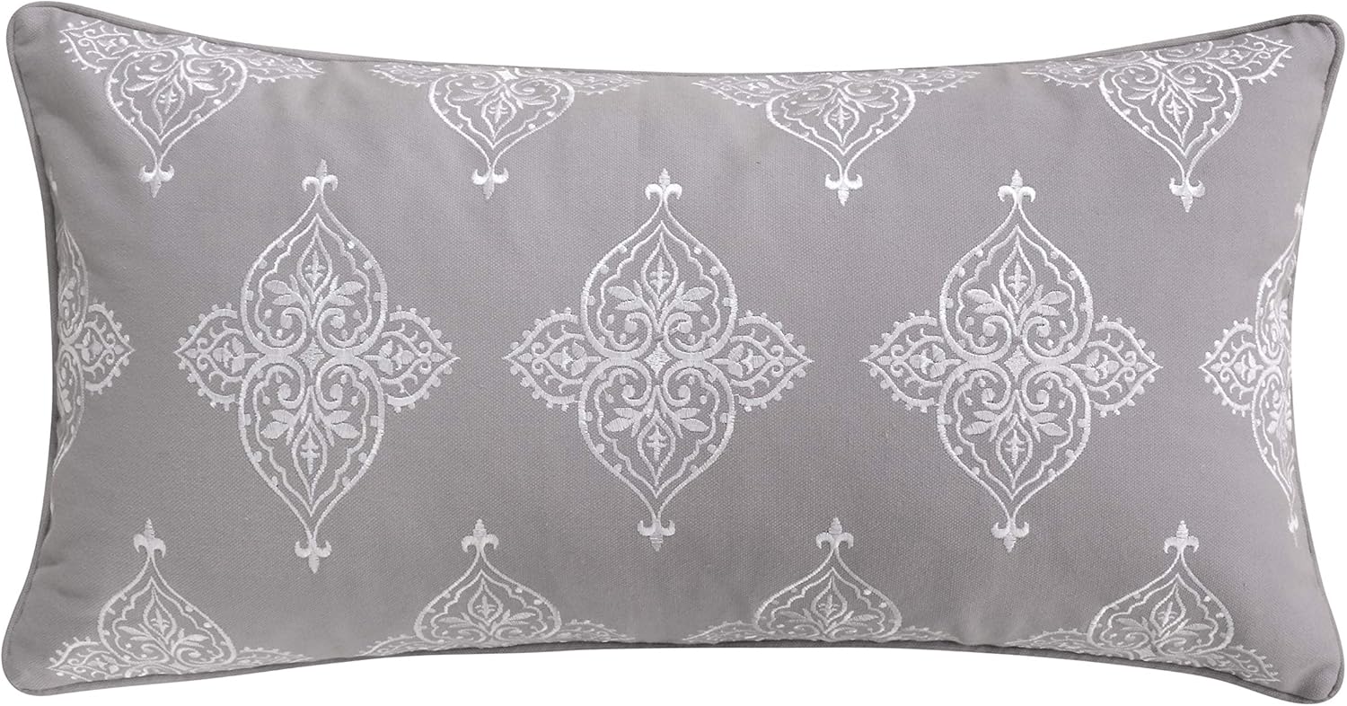 Levtex Home - Rome - Decorative Pillow (12 x 24in.) - Embroidered Medallions - Grey and White