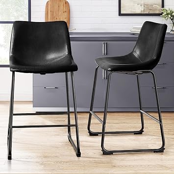 Counter Height Bar Stools Set of 2,Barstools with Back,Faux Leather Counter Stools for Kitchen Island,Modern Bar Chairs with Metal Legs Black, 26"