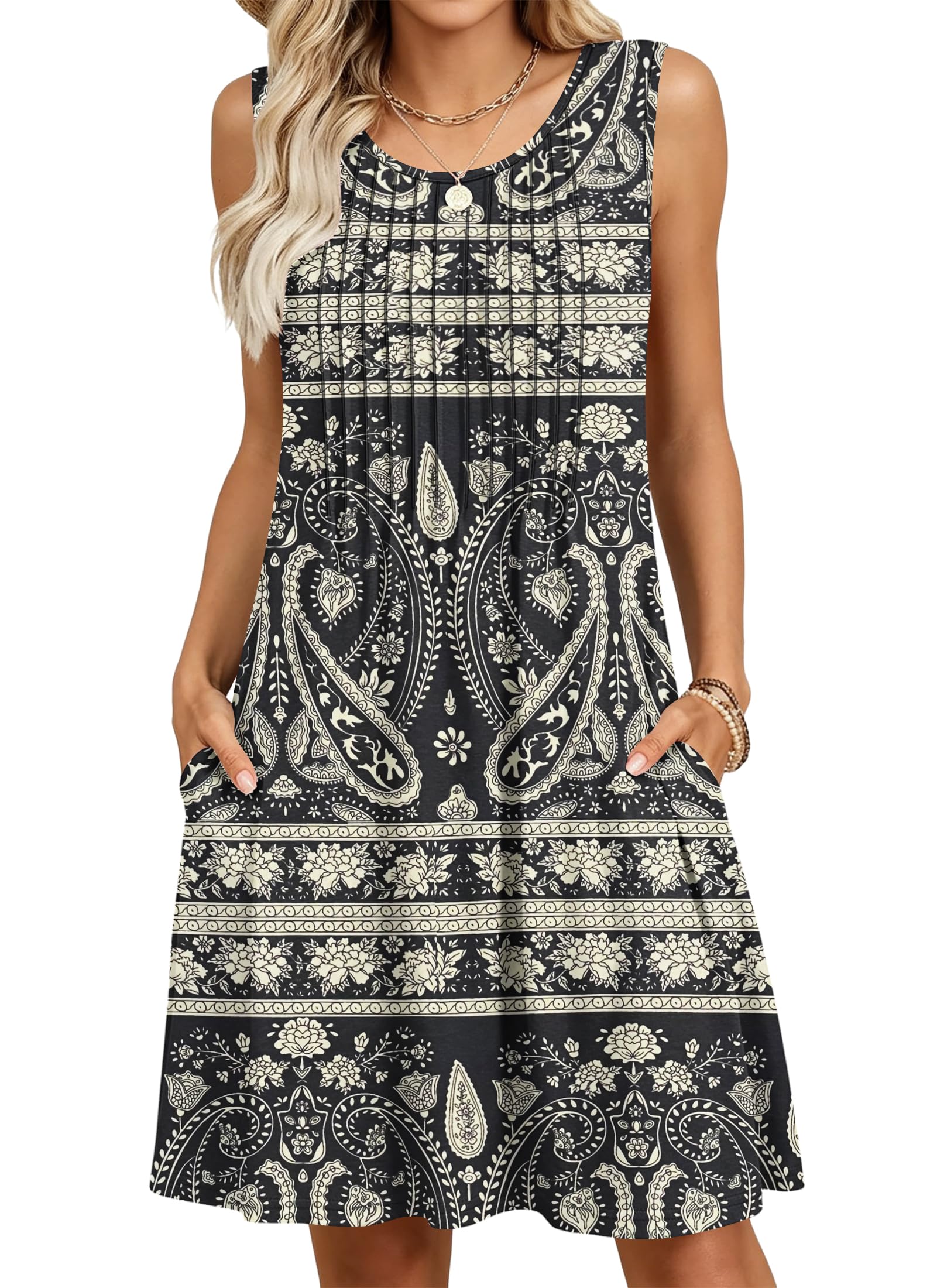 MOLERANI Women's Summer Dress - Round Neck Sleeveless Beach Dress Loose Swing Casual Dress with Pockets Knee Length Black Boho Floral 2XL