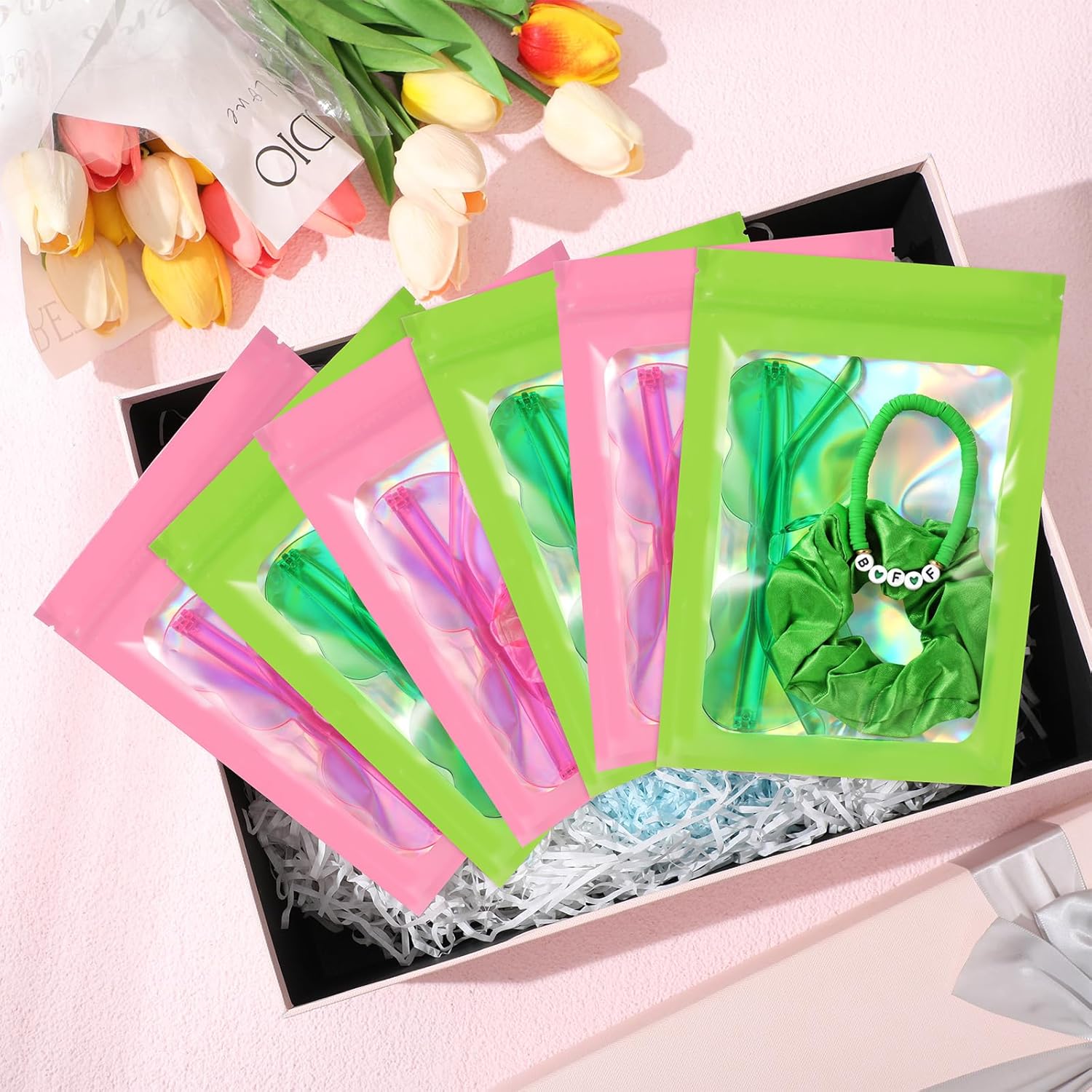 XunYee 96 Pcs Witch Theme Party Favor Supplies Pink and Green Hair Scrunchies Friendship Bracelets Sunglasses Bags Neon Friendship Gifts for Fans Women Pink and Green Party Favors (Charming)