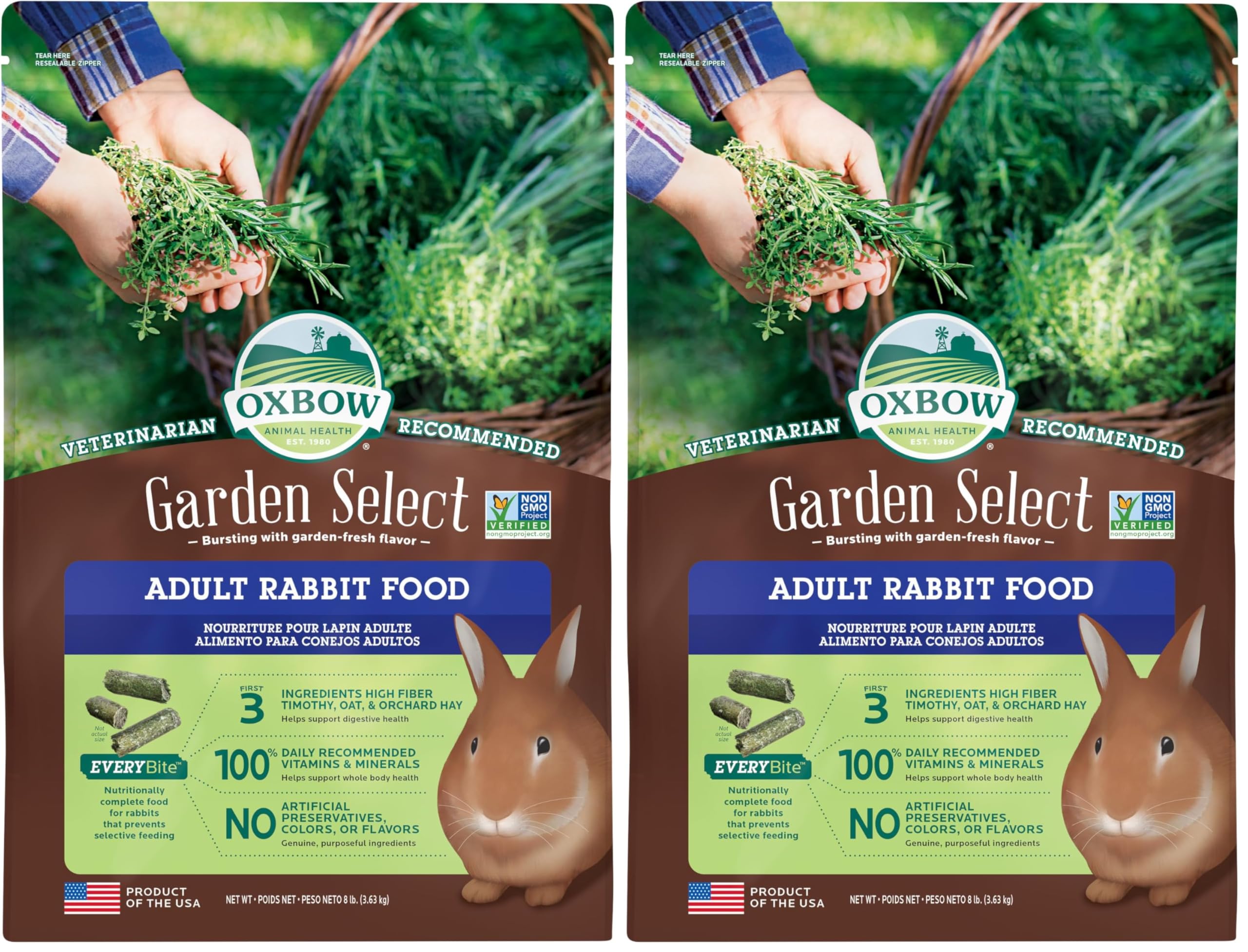 Oxbow Garden Select Rabbit Food,Adult,Made Timothy Hay for Rabbit,Bunny Food Pellets,Non-GMO,No Soy or Wheat,Small Animal Pet Products,Made in USA,High Fiber,8 lb. Bag,(Pack of 2)