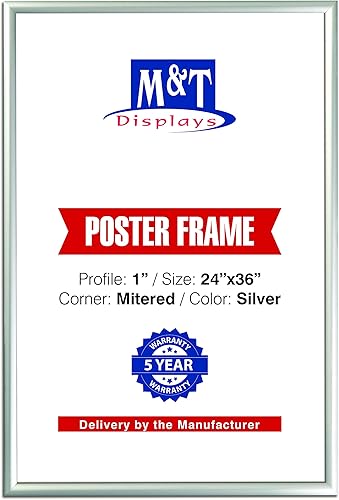 M&T Displays Marco para póster a presión, de 24 x 36 pulgadas, color plateado, perfil de aluminio de 1 pulgada, carga frontal, montaje en pared,