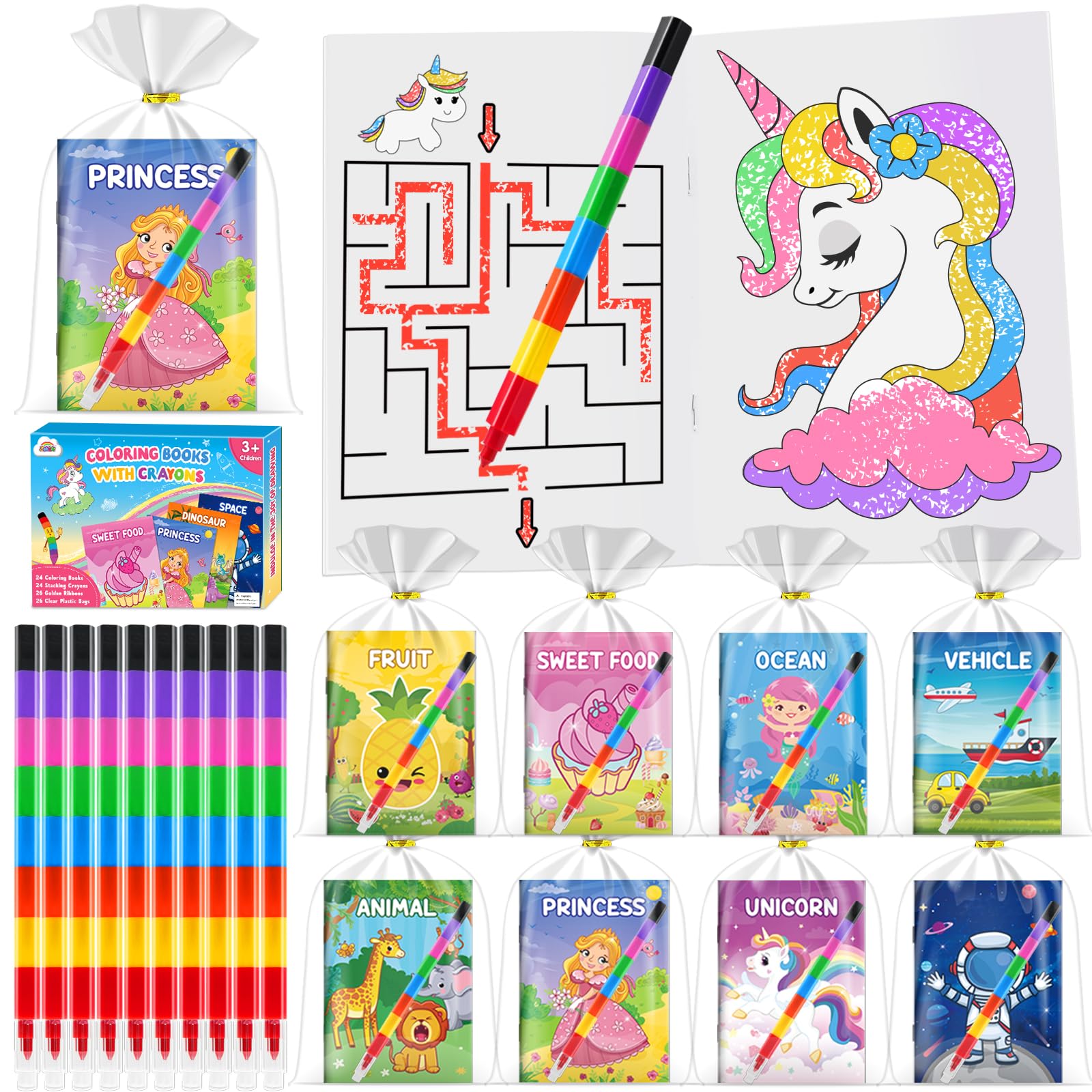 ZMLM Libros para Colorear para Niños, Crayones de 8 Colores Ceras de Colores Kit Detalles Cumpleaños Niños Pintar Manualidades Pascua Regalos para 3 a 9 Años (24 Classic)
