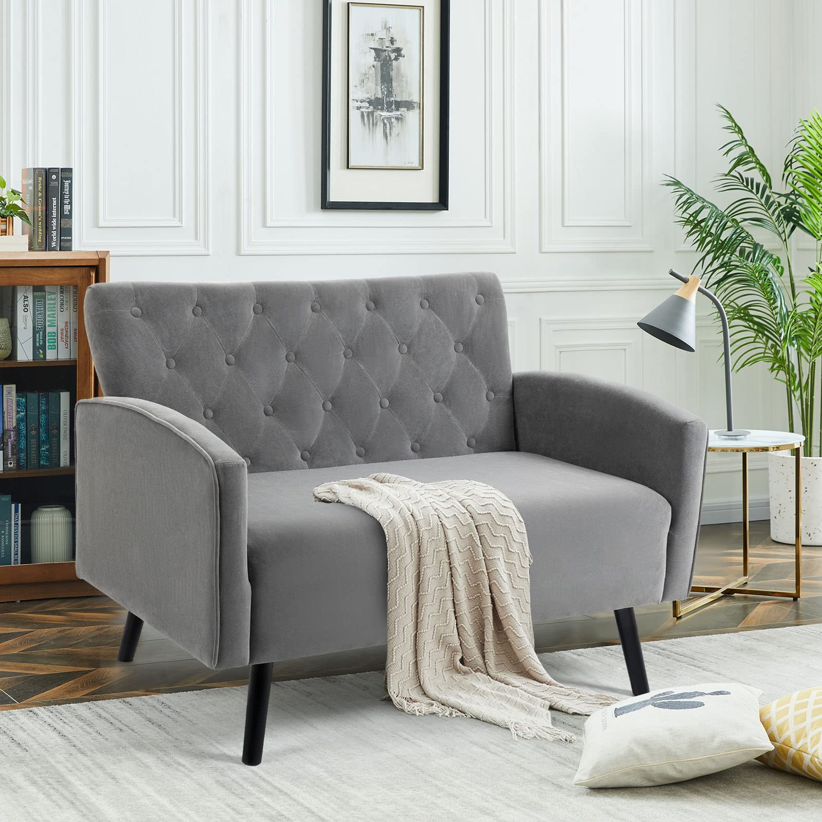 AVAWING Velvet Loveseat Sofa, 47.2" W Tufted Button Love Seats Furniture with Solid Wood Leg for Compact Small Spaces, Living Room, Bedroom, Dorm, Office (Gray)