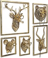 Newinhome 5pcs Gold Resin Animal Heads Wall Decor - Deer Bear Antelope Fox Rat Sculptures with Metal Frame for Living Room Bedroom Office
