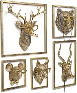 Newinhome 5pcs Gold Resin Animal Heads Wall Decor - Deer Bear Antelope Fox Rat Sculptures with Metal Frame for Living Room Bedroom Office