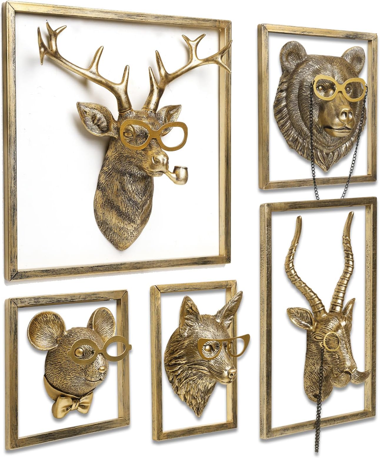 Animal Heads Wall Decor (5pcs, Includes Metal Frame) Resin Animals Sculptures Head Wall Hanging Decoration Gold vintage Wall Sculpture for Living Room Bedroom Office